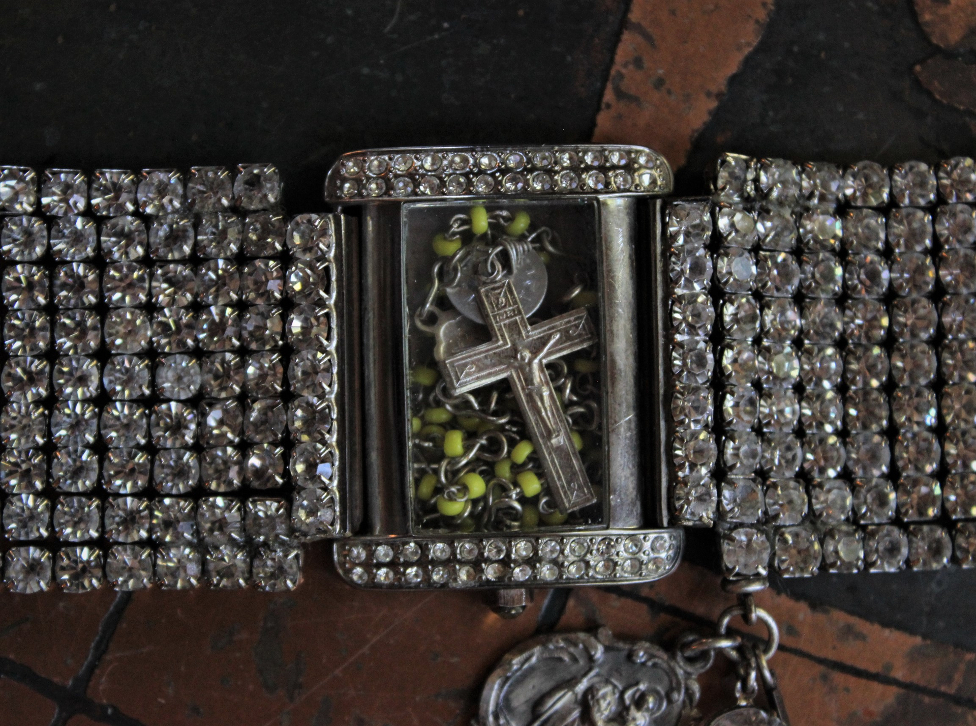 Sold to L Time for Prayer Bracelet with Tiny Antique French Rosary, Sculptural Sterling Saint Christopher Medal,Antique French Marian Medal & Sterling Faceted Diamante Tassel