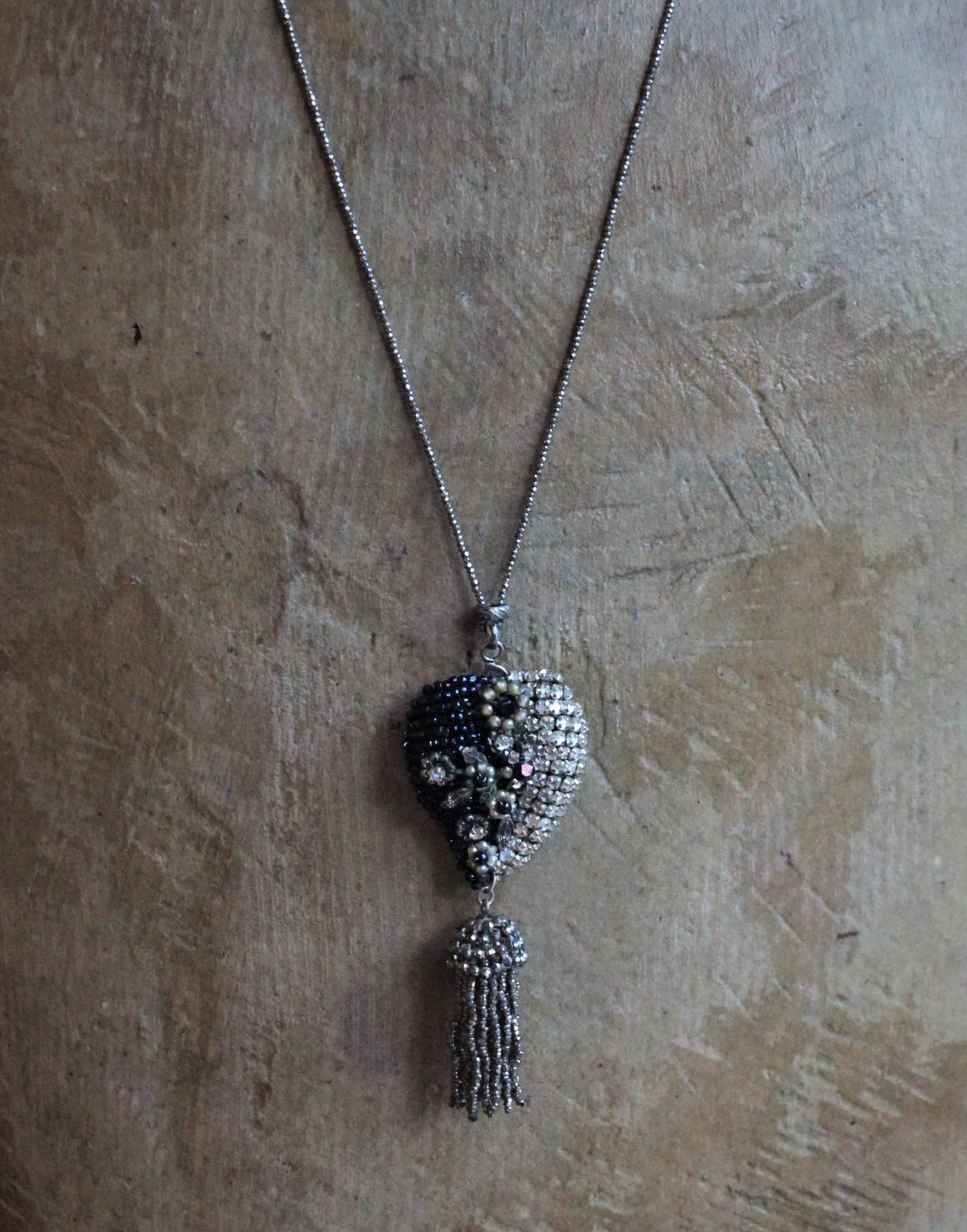 Antique Seed Bead, Pearl and Rhinestone Puffy Heart Necklace with Antique Cut Steel Bead Tassel and Chain