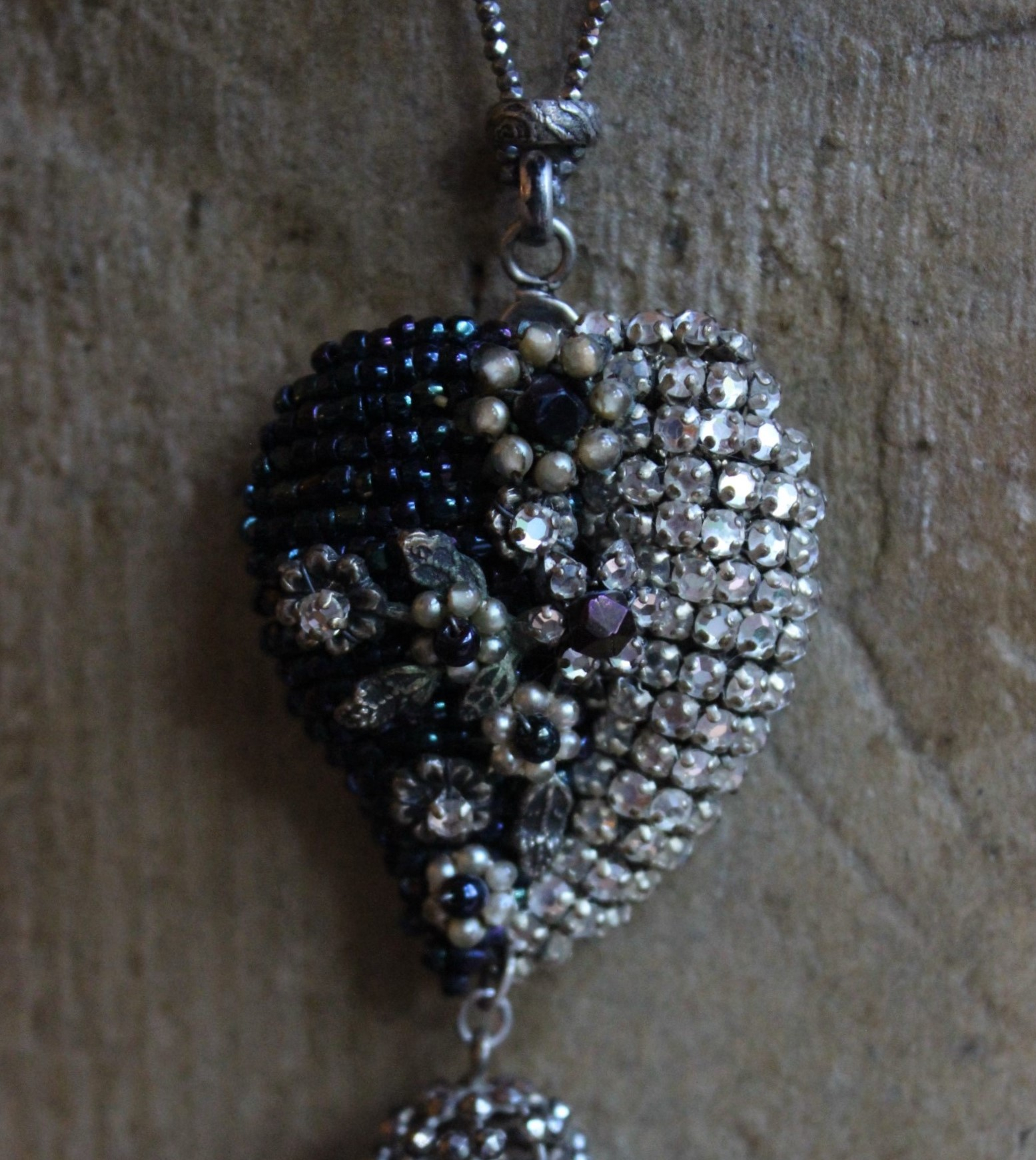 Antique Seed Bead, Pearl and Rhinestone Puffy Heart Necklace with Antique Cut Steel Bead Tassel and Chain