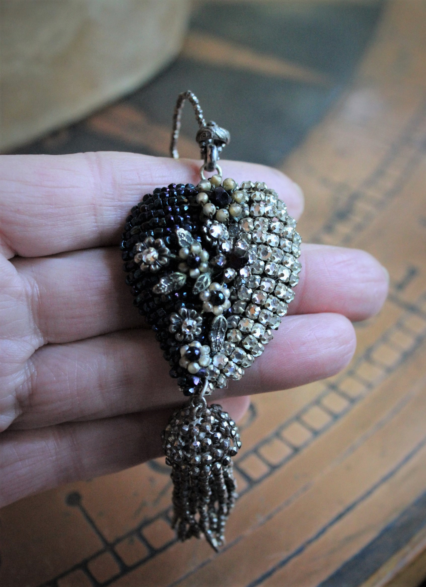 Antique Seed Bead, Pearl and Rhinestone Puffy Heart Necklace with Antique Cut Steel Bead Tassel and Chain