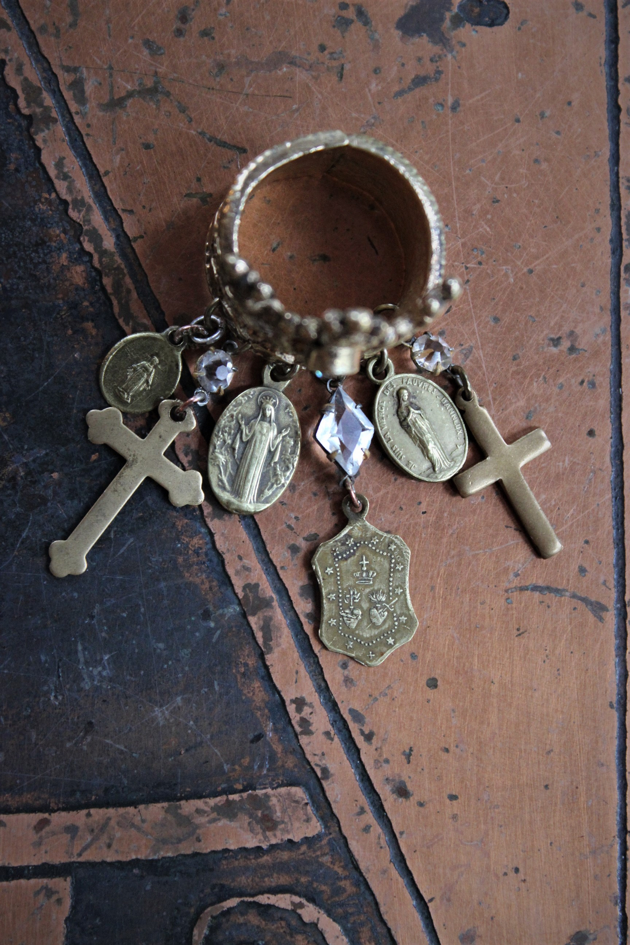 Antique Gilt Crown Ring with Antique French Medals, Antique Crosses, Antique Faceted Rock Crystals - Size 9 