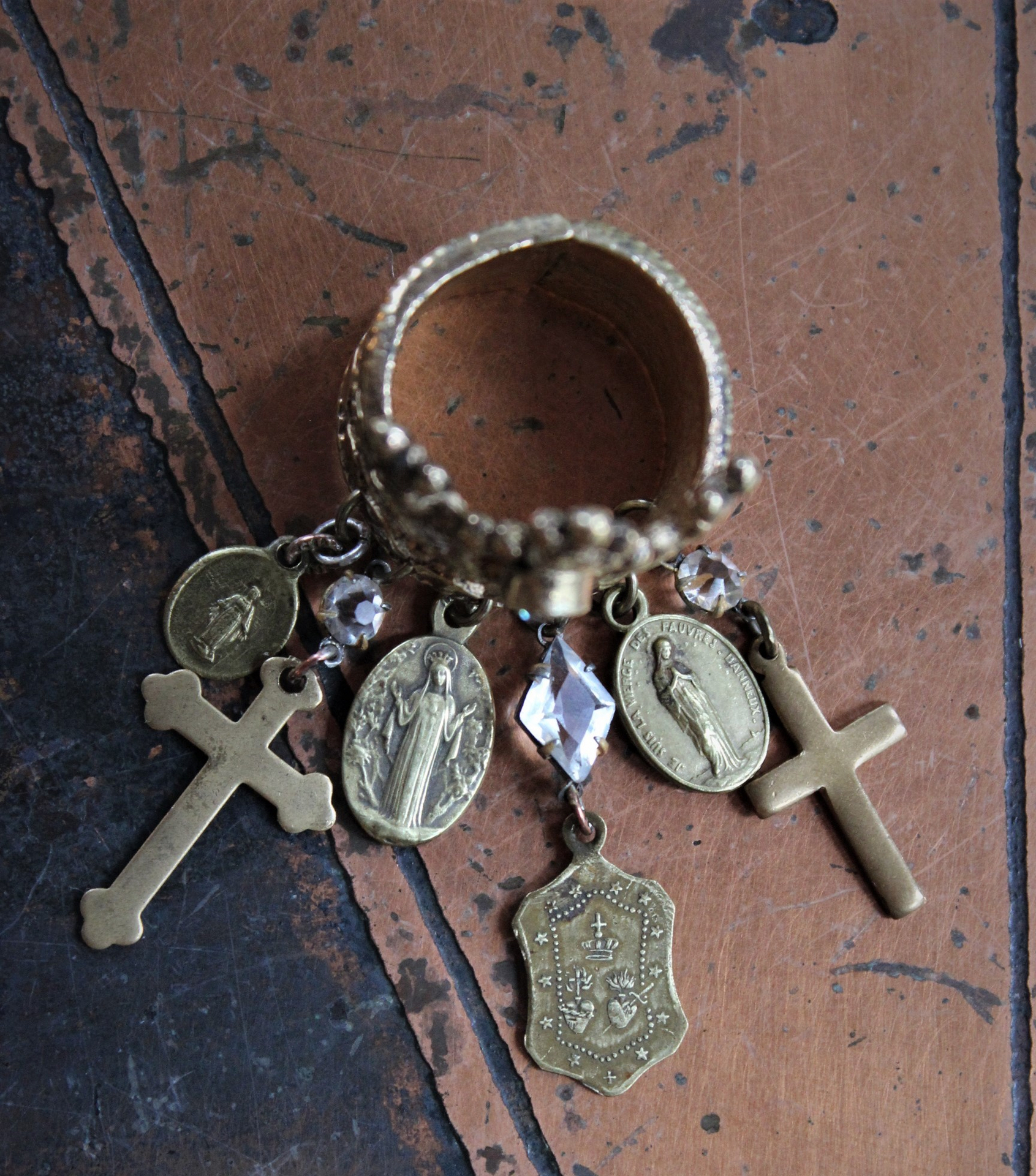 Antique Gilt Crown Ring with Antique French Medals, Antique Crosses, Antique Faceted Rock Crystals - Size 9 