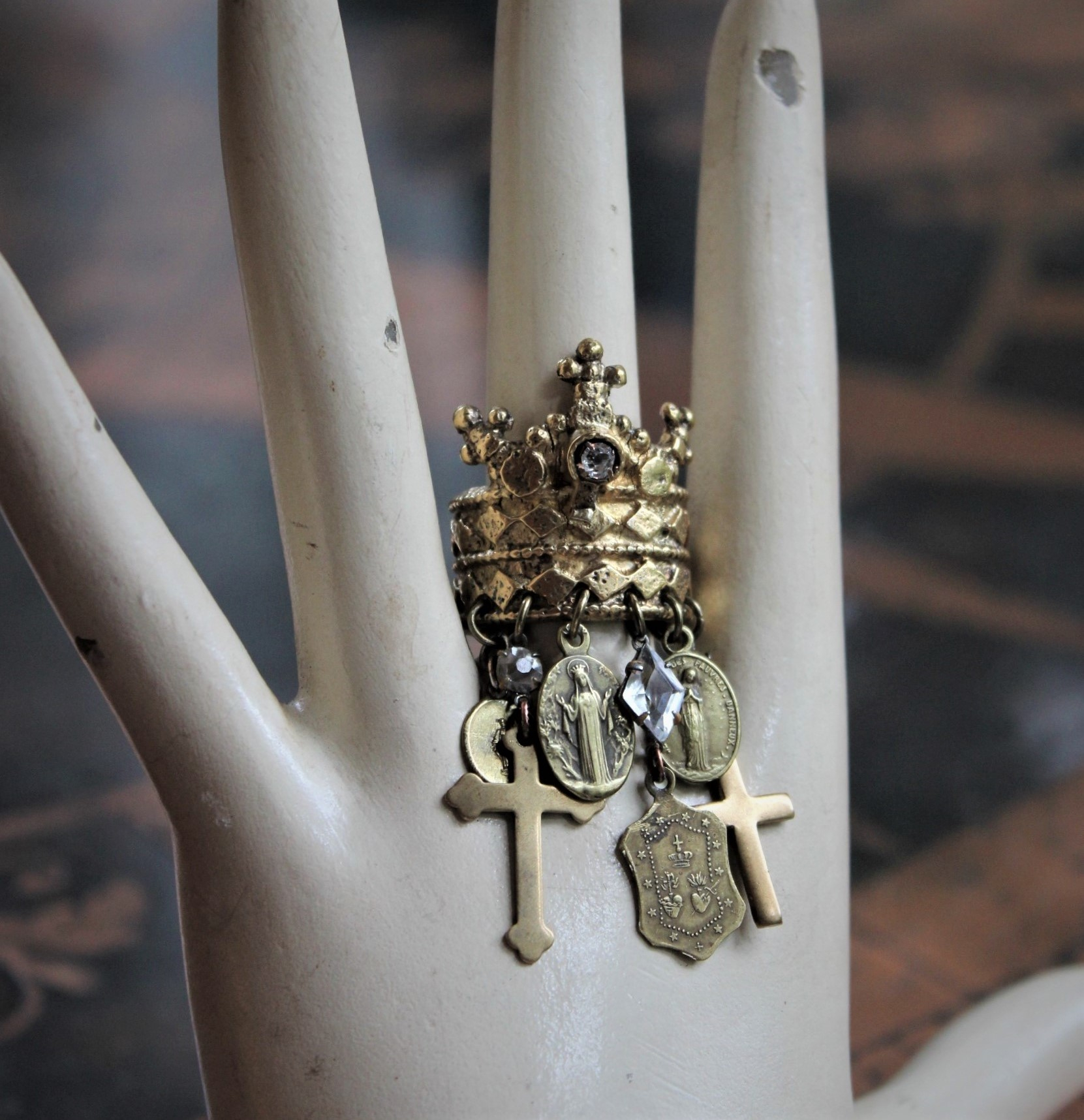 Antique Gilt Crown Ring with Antique French Medals, Antique Crosses, Antique Faceted Rock Crystals - Size 9 