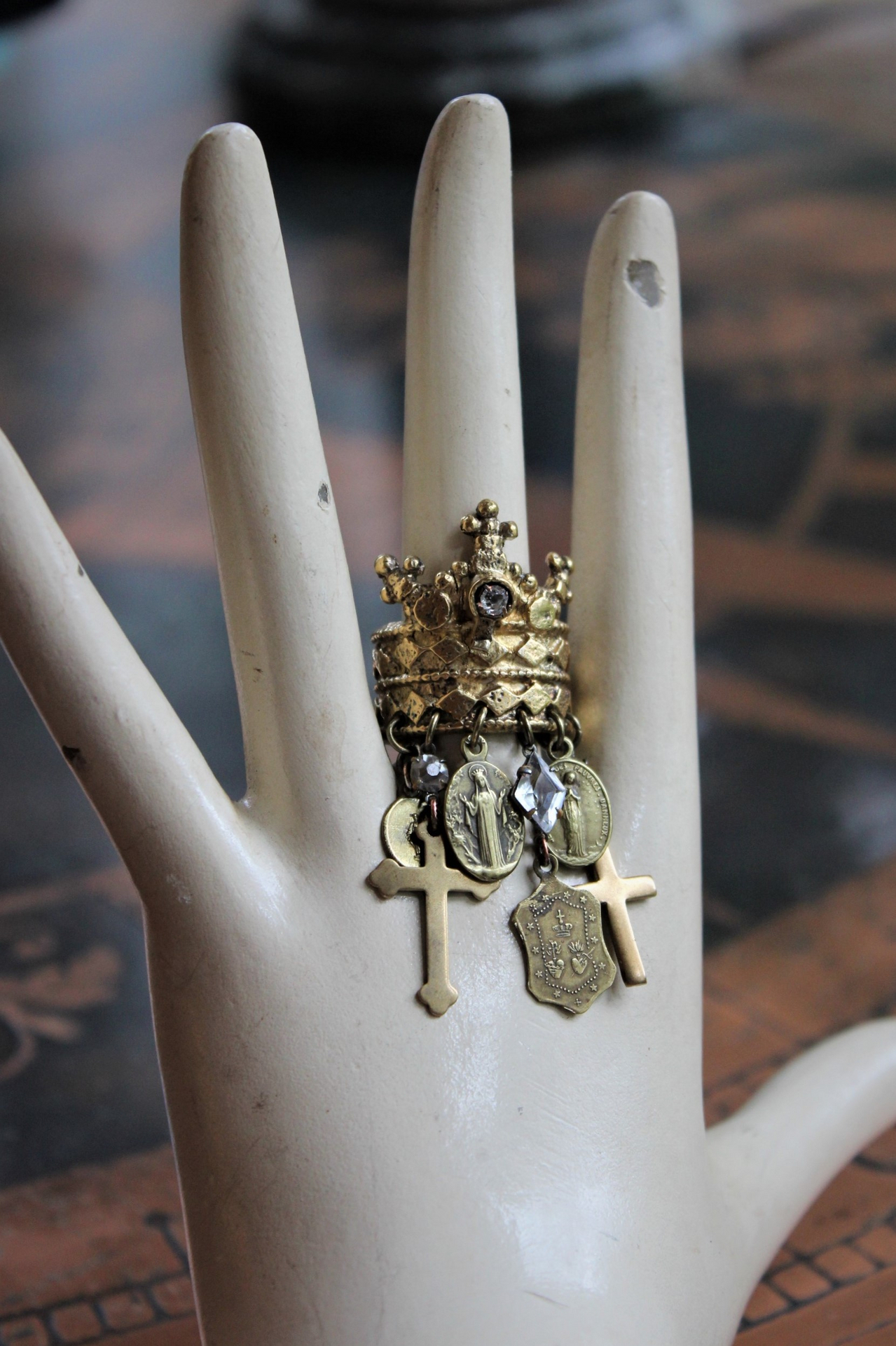 Antique Gilt Crown Ring with Antique French Medals, Antique Crosses, Antique Faceted Rock Crystals - Size 9 
