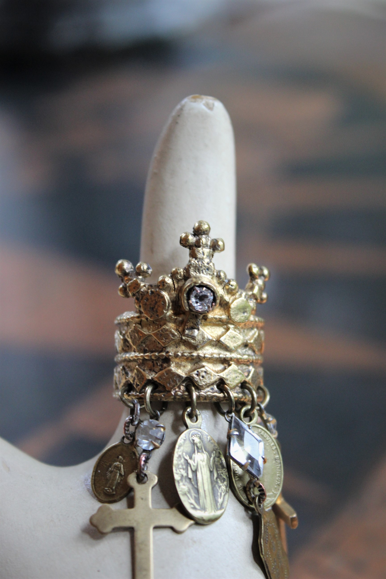 Antique Gilt Crown Ring with Antique French Medals, Antique Crosses, Antique Faceted Rock Crystals - Size 9 