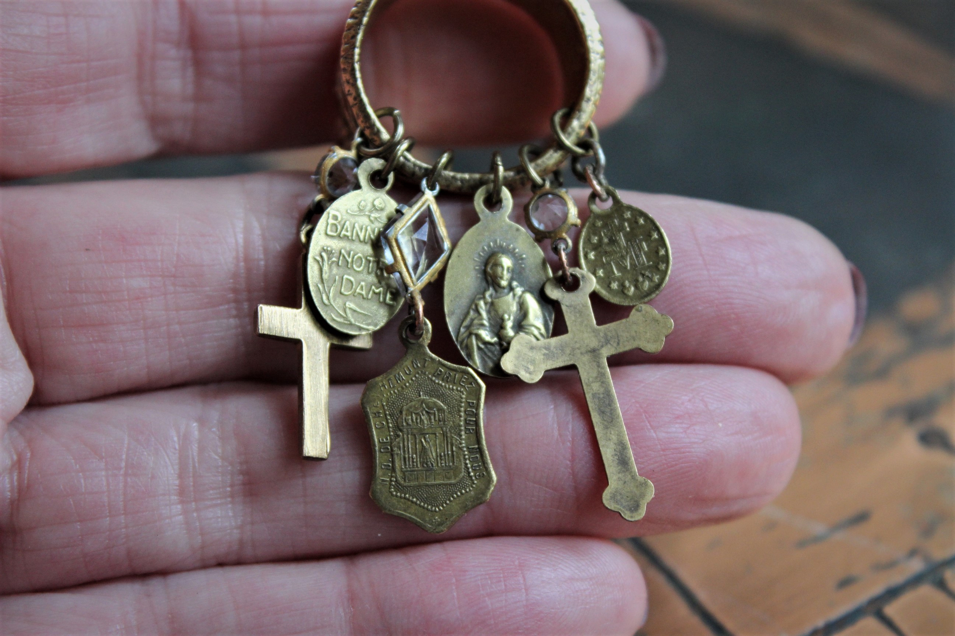 Antique Gilt Crown Ring with Antique French Medals, Antique Crosses, Antique Faceted Rock Crystals - Size 9 