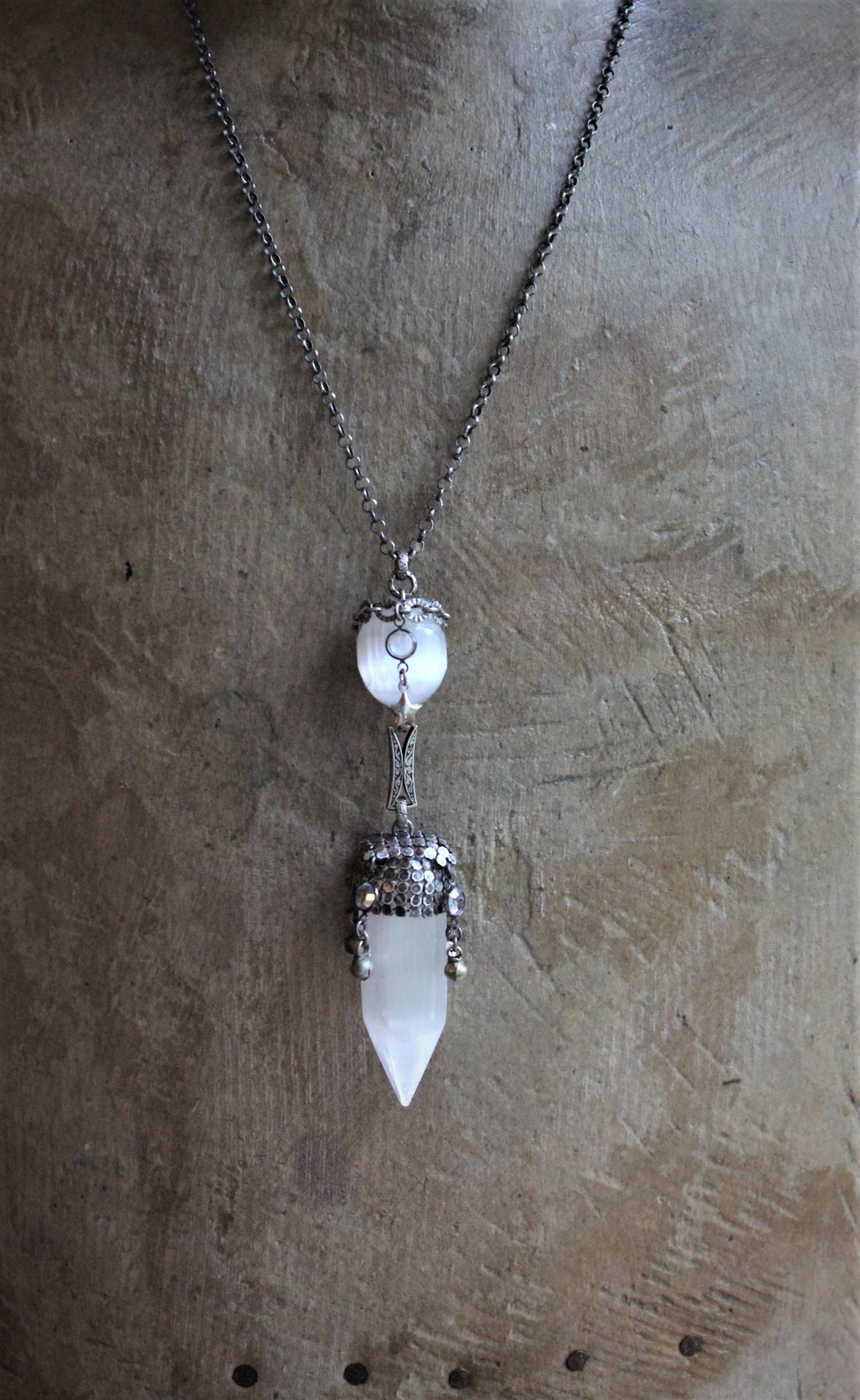 Be Like the Moon Necklace with Antique Sterling Mesh Capped Selenite Point & Orb, Vintage Bezel Set Crystals,Sterling Puffy Star, Silver Orb Drops, Sterling Rolo Belcher Chain