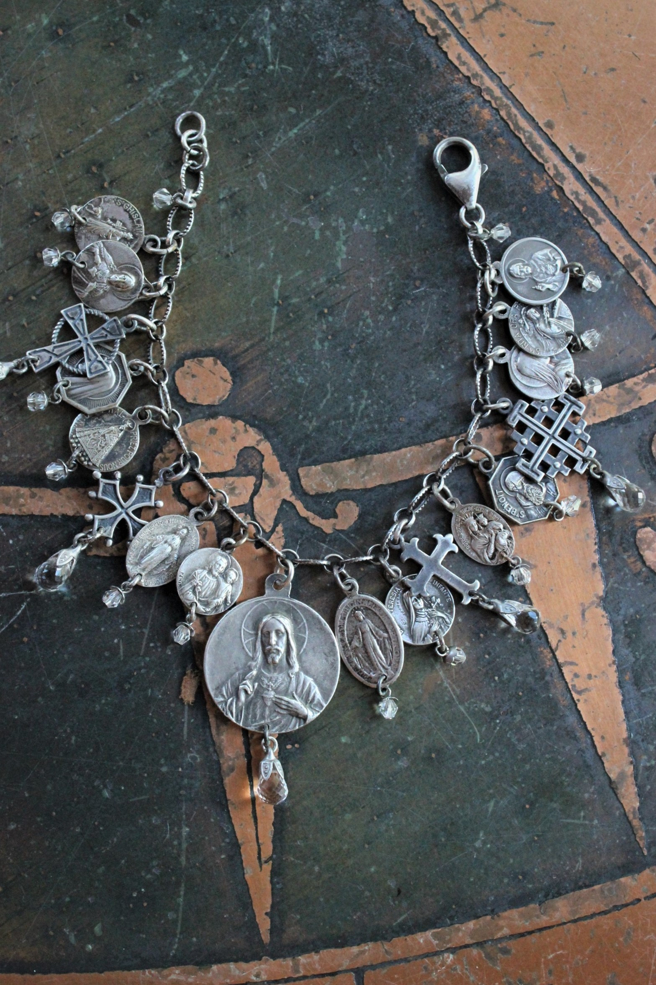 Antique French Medal Bracelet with Sterling Sacred Heart of Jesus Medal,Rare Tiny Sterling Penin Medal,Antique Sterling Crosses,Faceted Crystal Drops