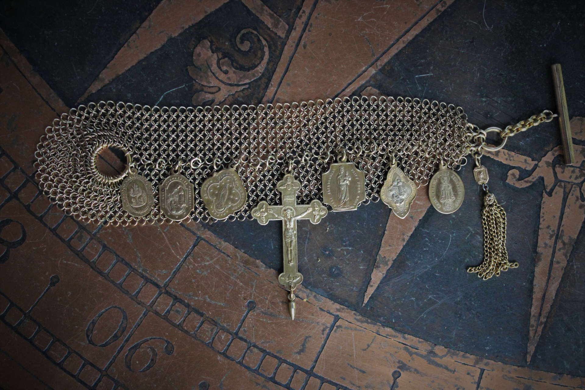 I will be Faithful Bracelet with Unique Mesh Chain, Rare Antique Gilt Cross, Antique French Medals, Antique Rolled Gold Engraved Toggle