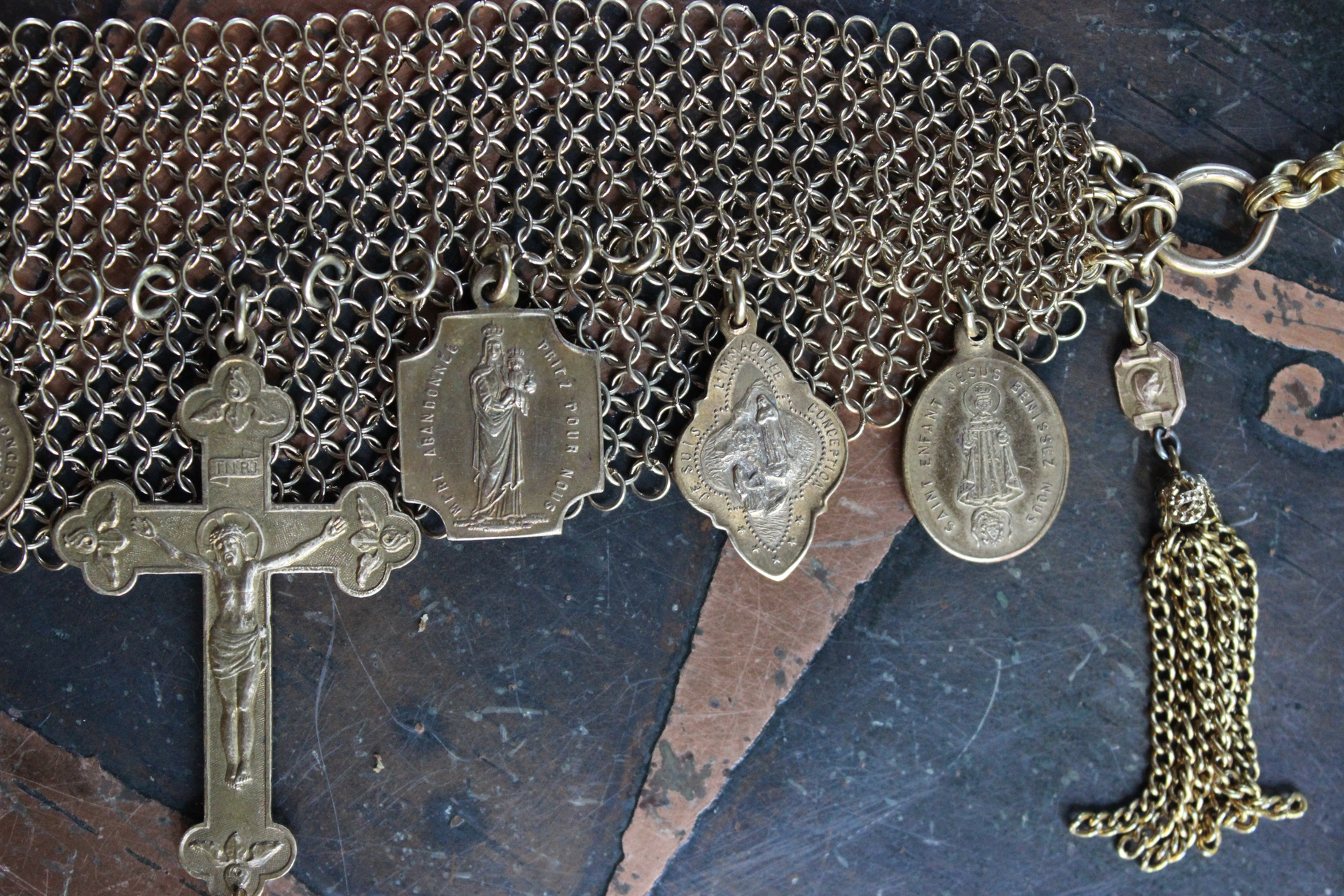 I will be Faithful Bracelet with Unique Mesh Chain, Rare Antique Gilt Cross, Antique French Medals, Antique Rolled Gold Engraved Toggle