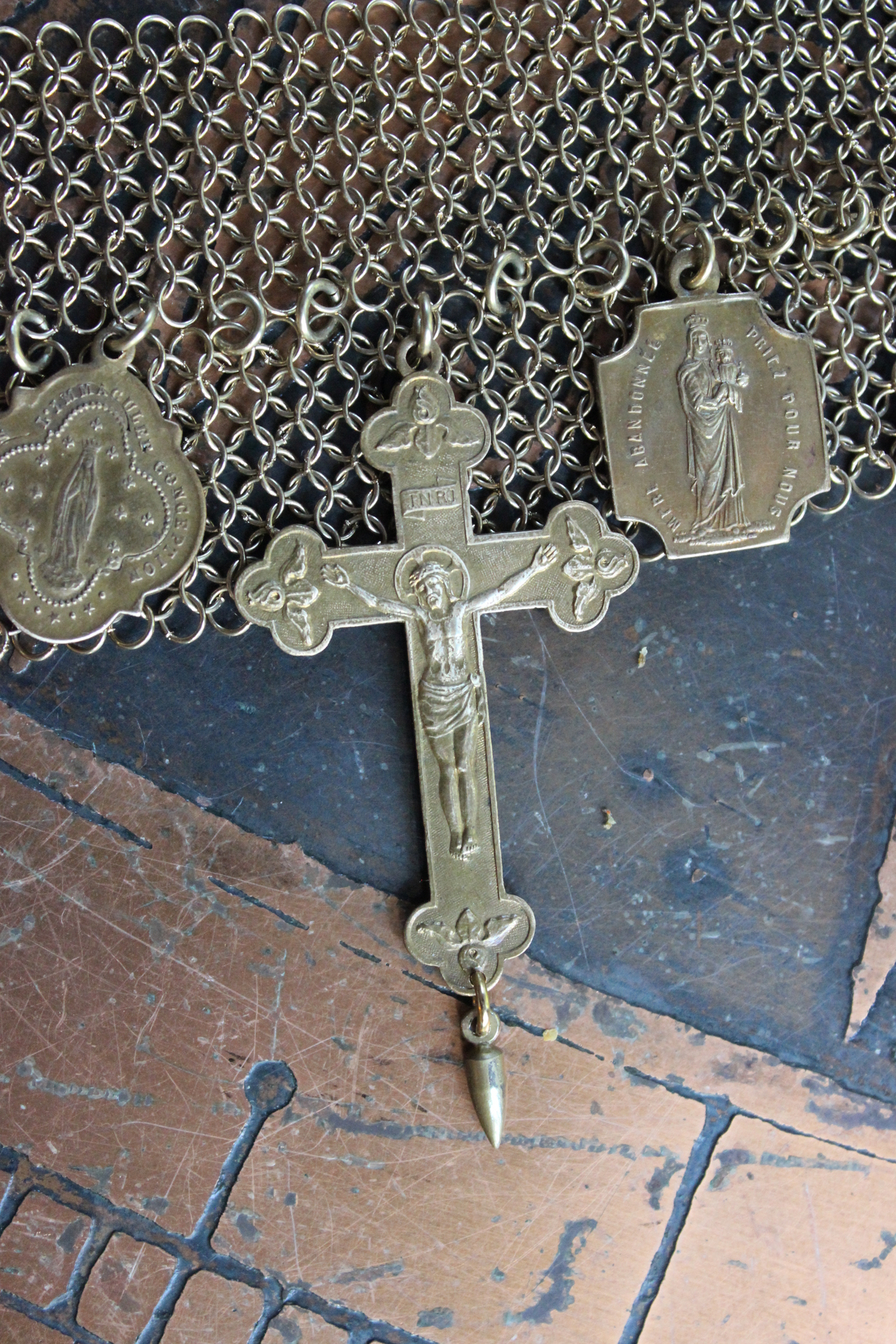 I will be Faithful Bracelet with Unique Mesh Chain, Rare Antique Gilt Cross, Antique French Medals, Antique Rolled Gold Engraved Toggle