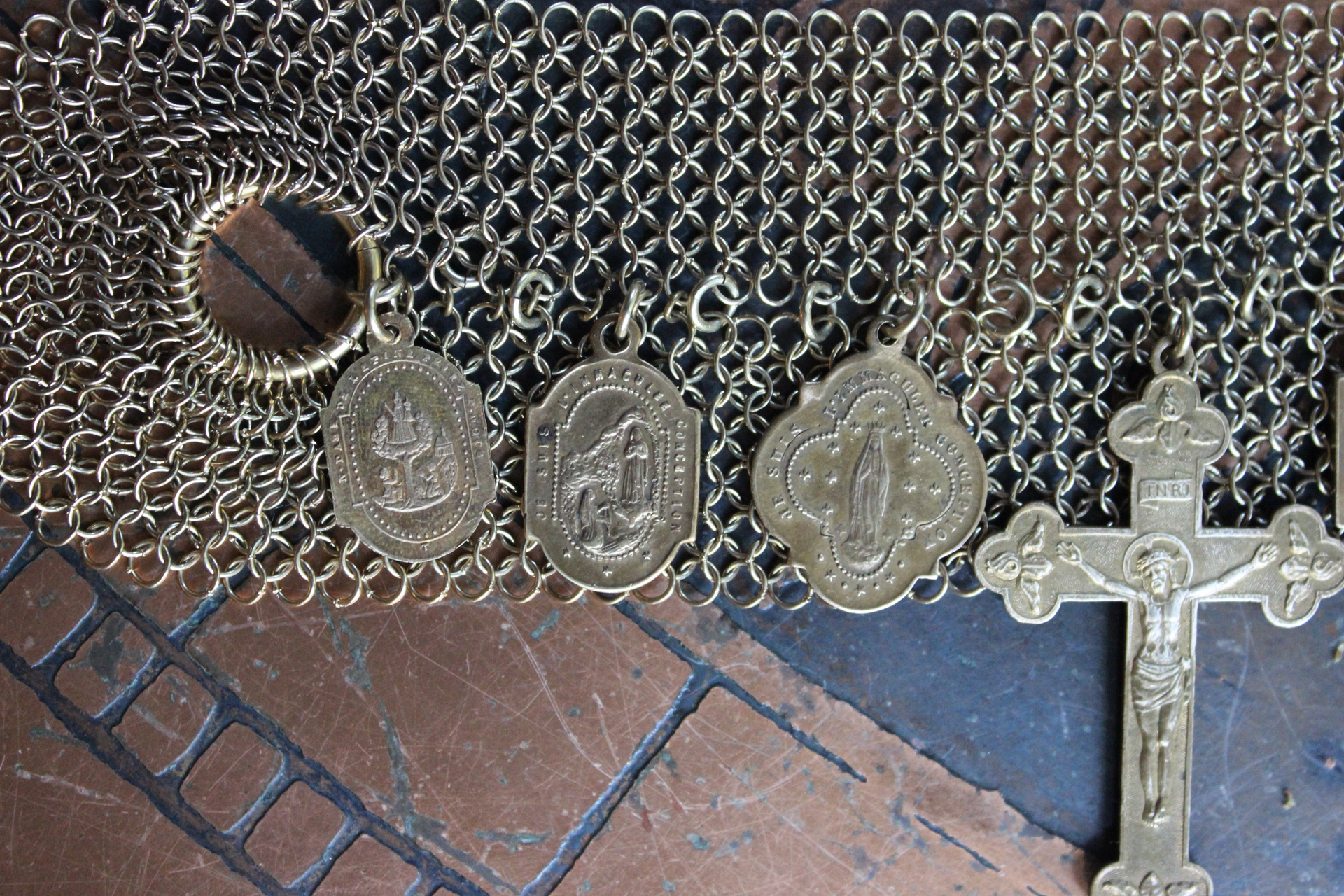 I will be Faithful Bracelet with Unique Mesh Chain, Rare Antique Gilt Cross, Antique French Medals, Antique Rolled Gold Engraved Toggle