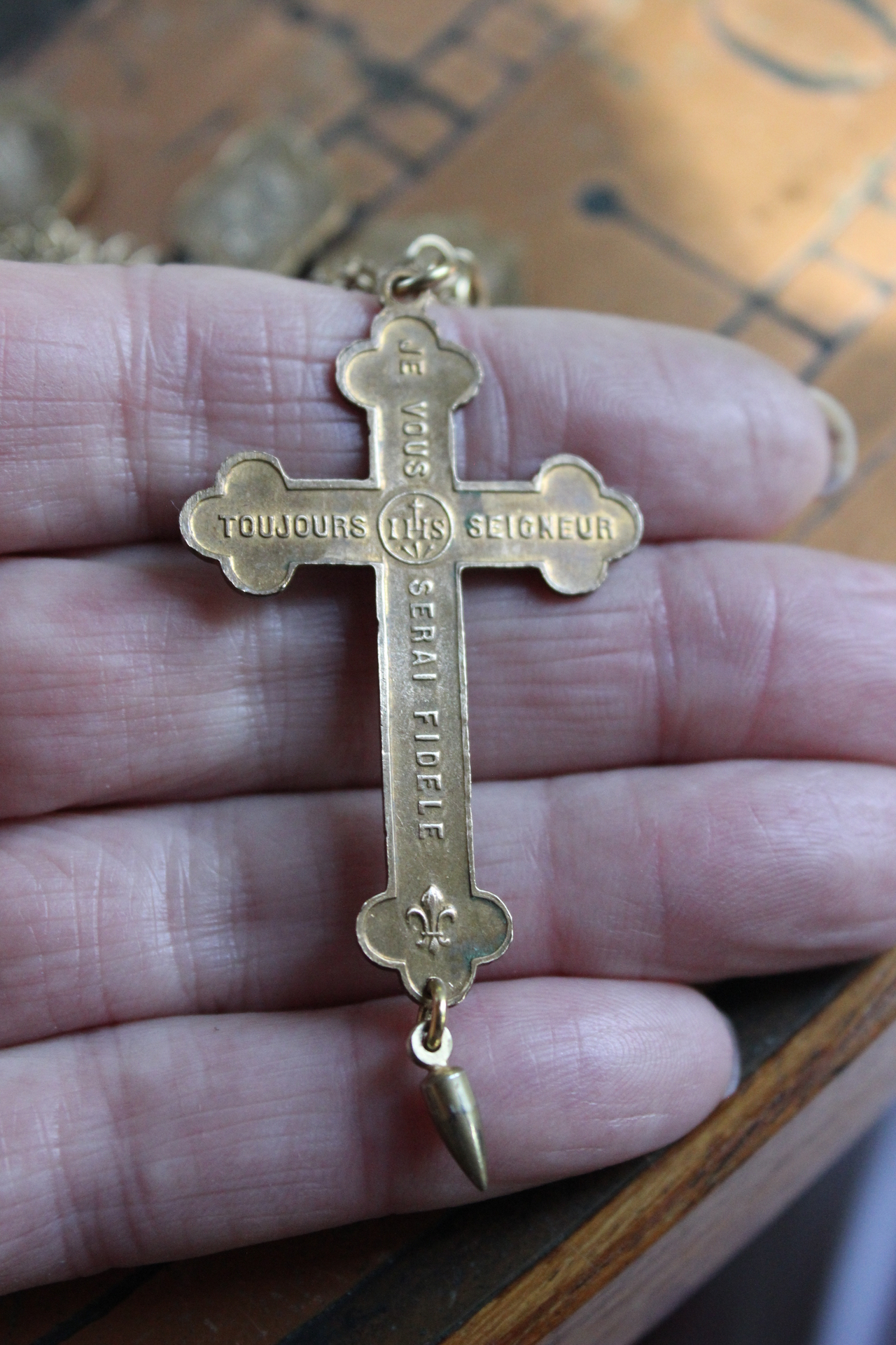 I will be Faithful Bracelet with Unique Mesh Chain, Rare Antique Gilt Cross, Antique French Medals, Antique Rolled Gold Engraved Toggle