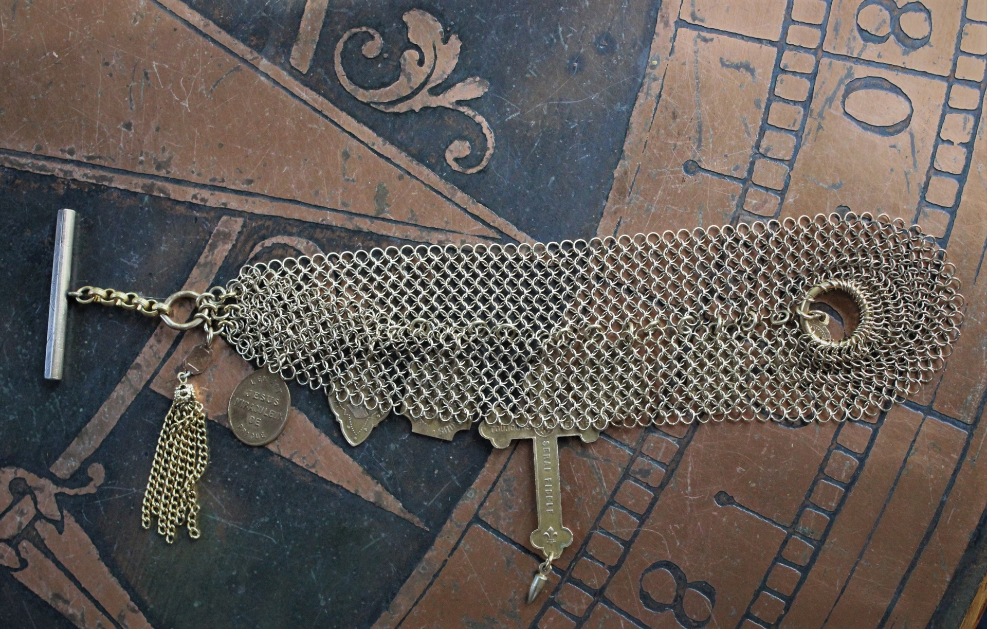 I will be Faithful Bracelet with Unique Mesh Chain, Rare Antique Gilt Cross, Antique French Medals, Antique Rolled Gold Engraved Toggle