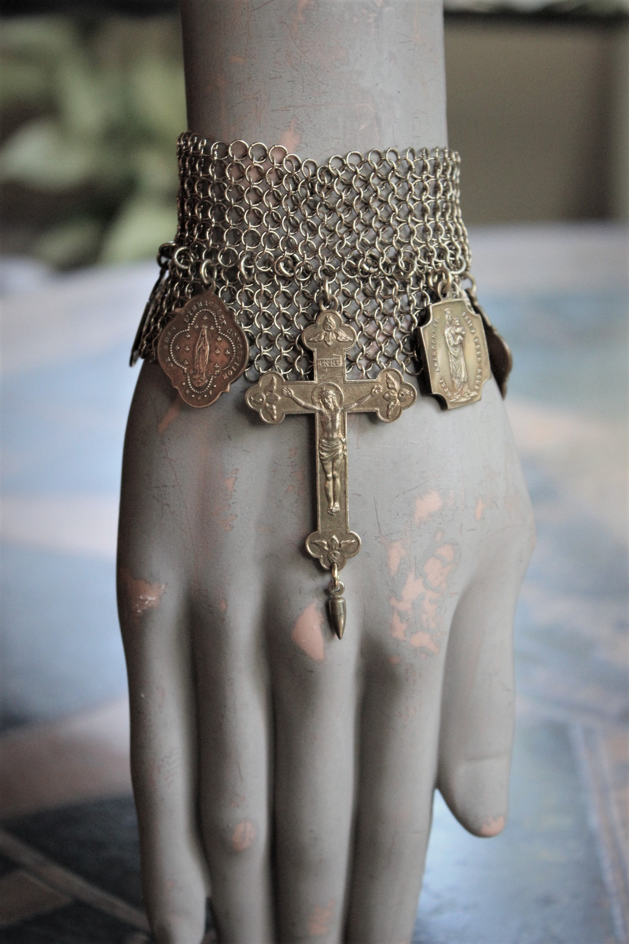 I will be Faithful Bracelet with Unique Mesh Chain, Rare Antique Gilt Cross, Antique French Medals, Antique Rolled Gold Engraved Toggle
