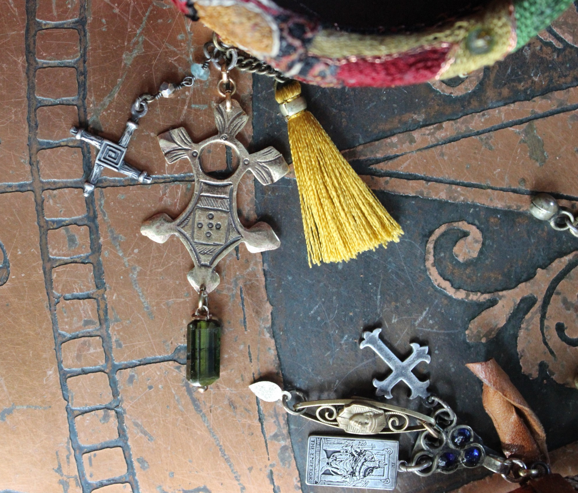 NEW! God's Breath Bangle Set with Antique Textiles,Multiple Antique Medals, Tourmaline Buddha, Tassels, Findings & Gemstones