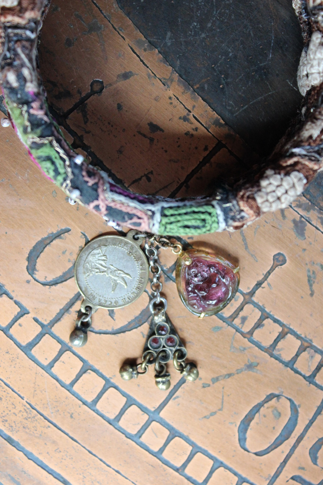 NEW! God's Breath Bangle Set with Antique Textiles,Multiple Antique Medals, Tourmaline Buddha, Tassels, Findings & Gemstones