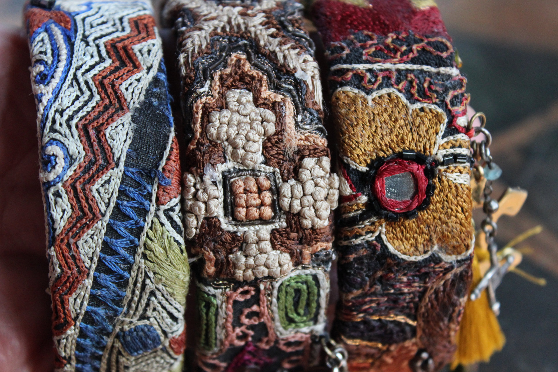 NEW! God's Breath Bangle Set with Antique Textiles,Multiple Antique Medals, Tourmaline Buddha, Tassels, Findings & Gemstones