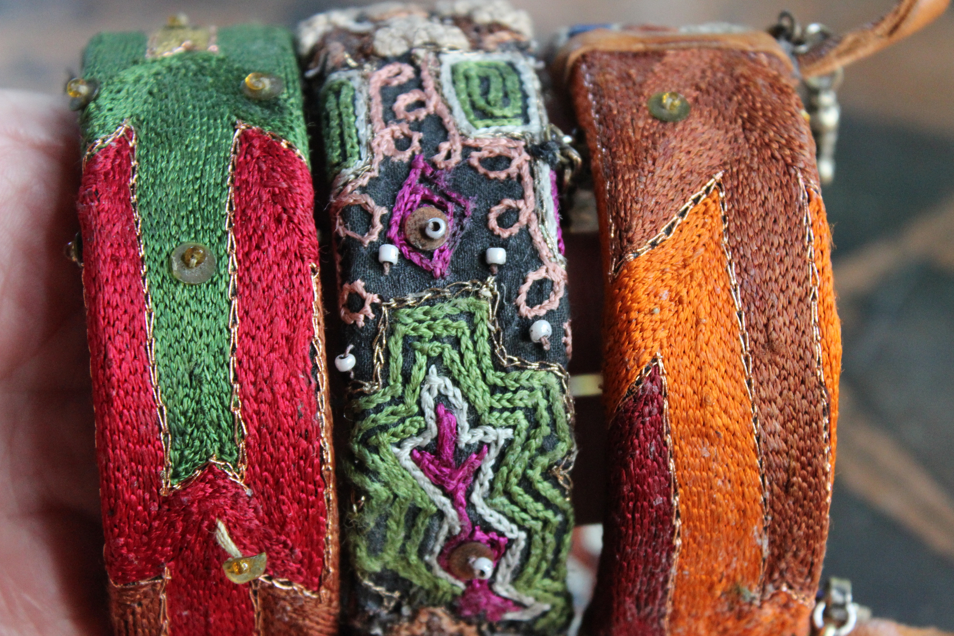 NEW! God's Breath Bangle Set with Antique Textiles,Multiple Antique Medals, Tourmaline Buddha, Tassels, Findings & Gemstones