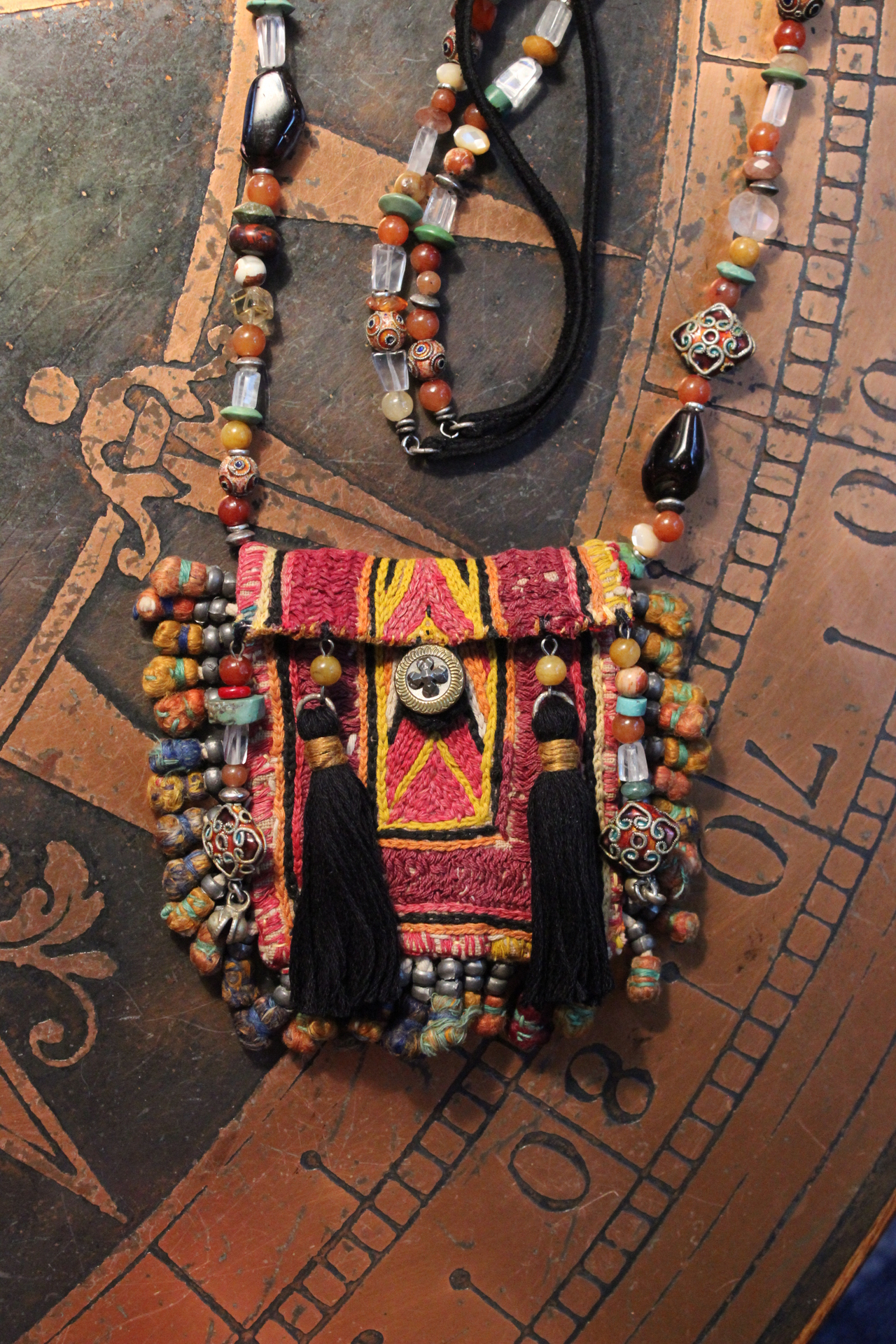 Where have I Loved you Before Necklace with Antique Gypsy Textile & Tassel Pouch,Antique Button,Multiple Gemstones,Antique Enamel Beads and Leather Ties