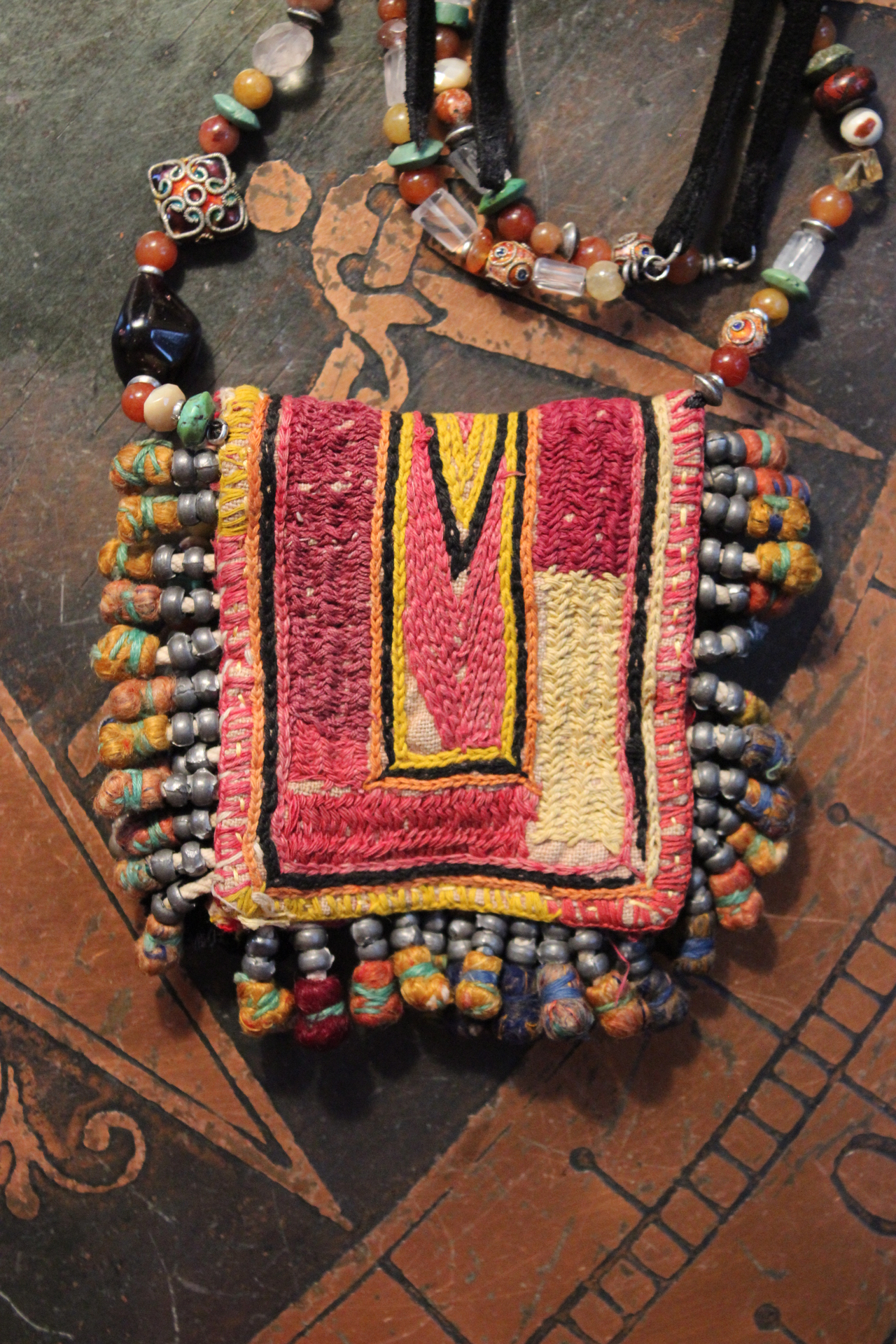 Where have I Loved you Before Necklace with Antique Gypsy Textile & Tassel Pouch,Antique Button,Multiple Gemstones,Antique Enamel Beads and Leather Ties