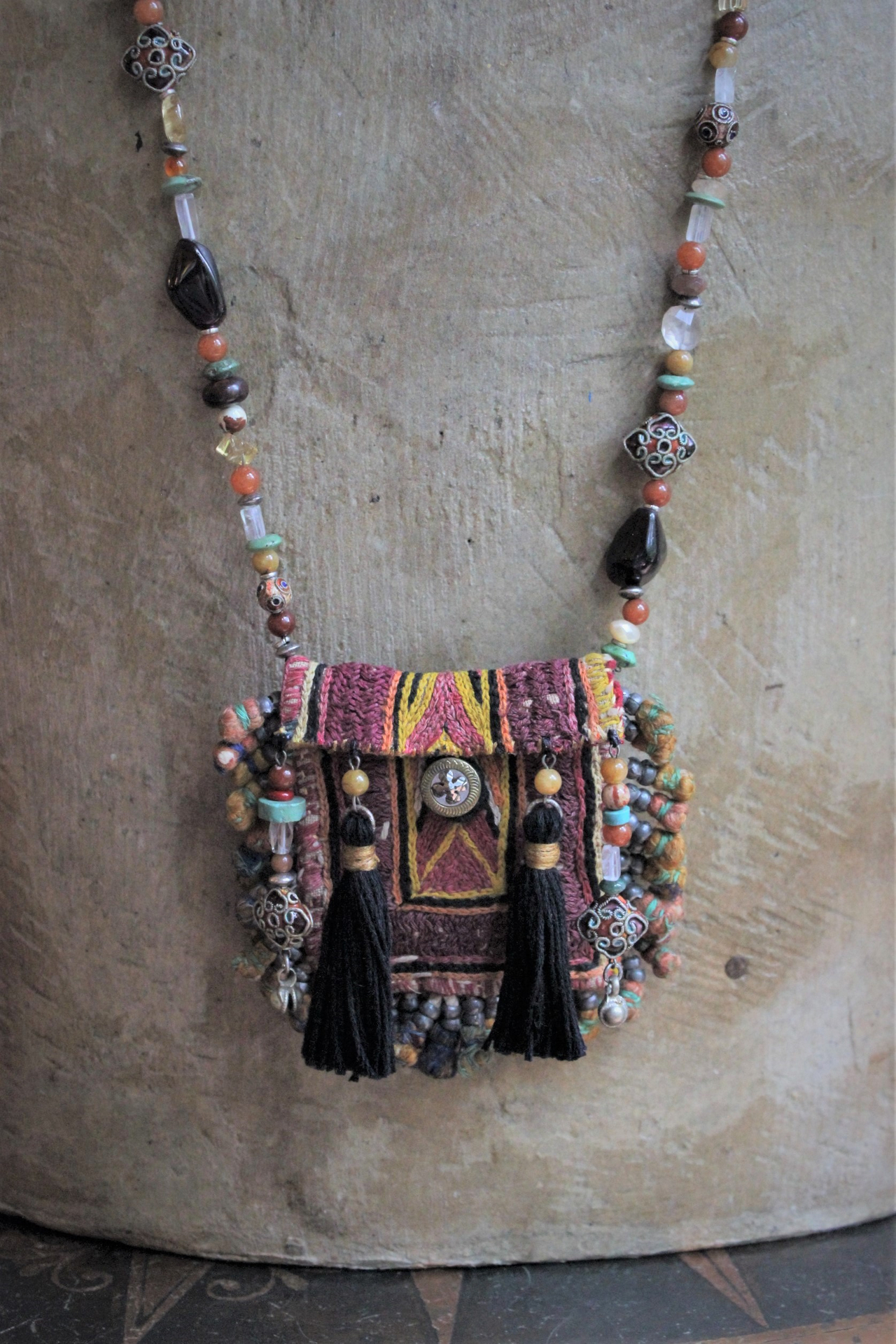 Where have I Loved you Before Necklace with Antique Gypsy Textile & Tassel Pouch,Antique Button,Multiple Gemstones,Antique Enamel Beads and Leather Ties