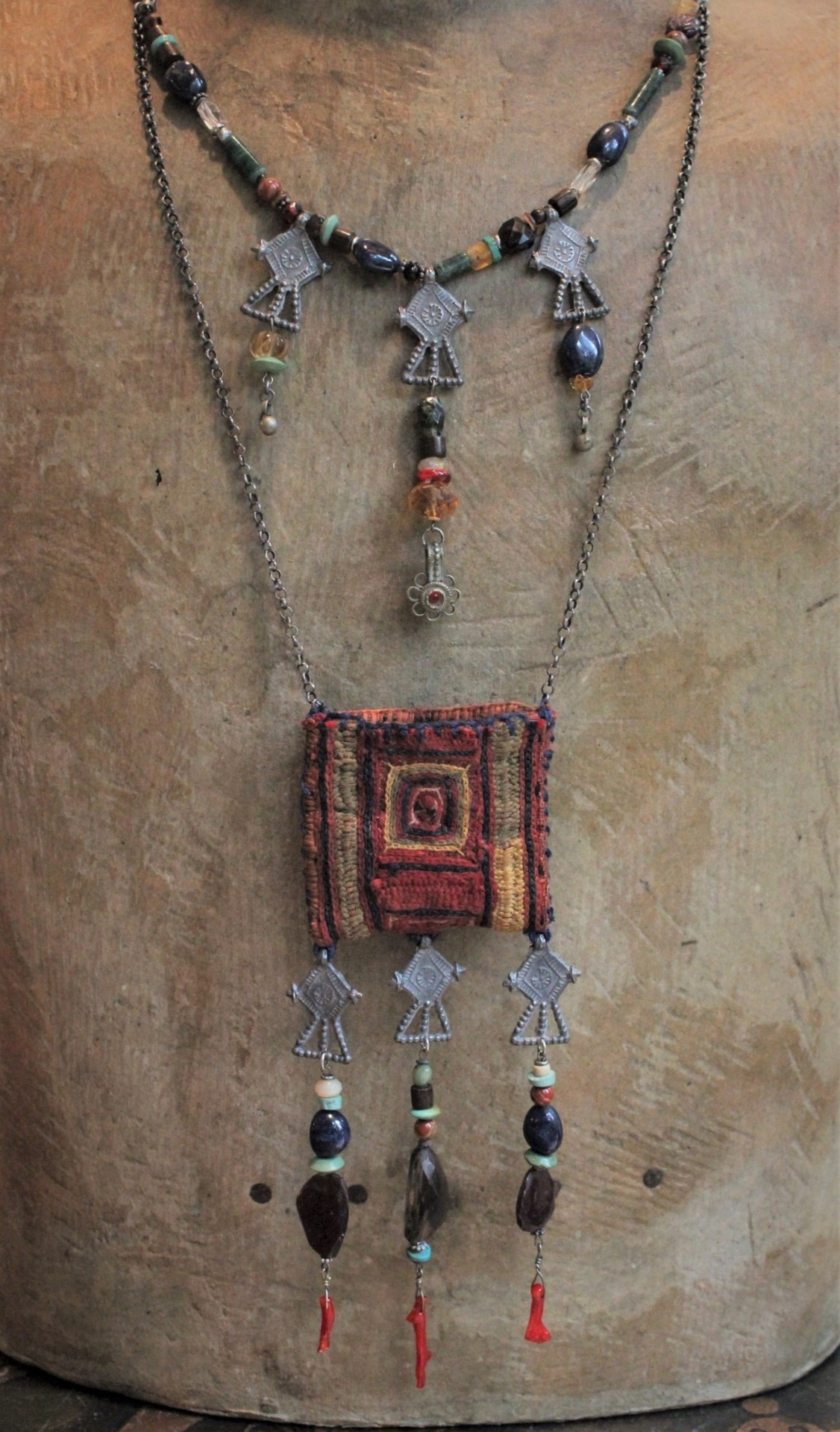 Antique Blessing Bag 2 Strand Necklace with Antique Gypsy Textile,Multiple Gemstones,Antique Gypsy Cross Findings,Sterling Chain & Sterling Toggle Clasp