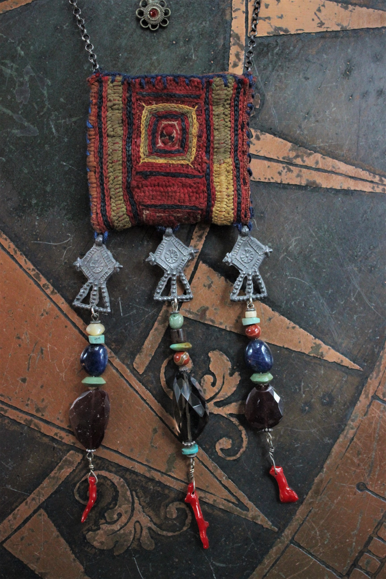 Antique Blessing Bag 2 Strand Necklace with Antique Gypsy Textile,Multiple Gemstones,Antique Gypsy Cross Findings,Sterling Chain & Sterling Toggle Clasp