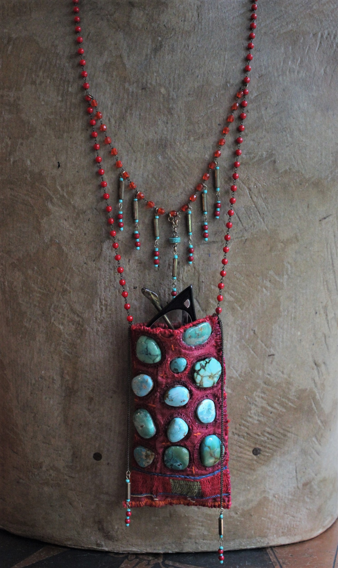 SOLD to M Antique Textile Eyeglass Pouch Necklace with Turquoise Cabochons, Antique Beaded Chain, Vintage Faceted Metal Bugle Beads & Seed Beads, and Hand Wrought Clasp