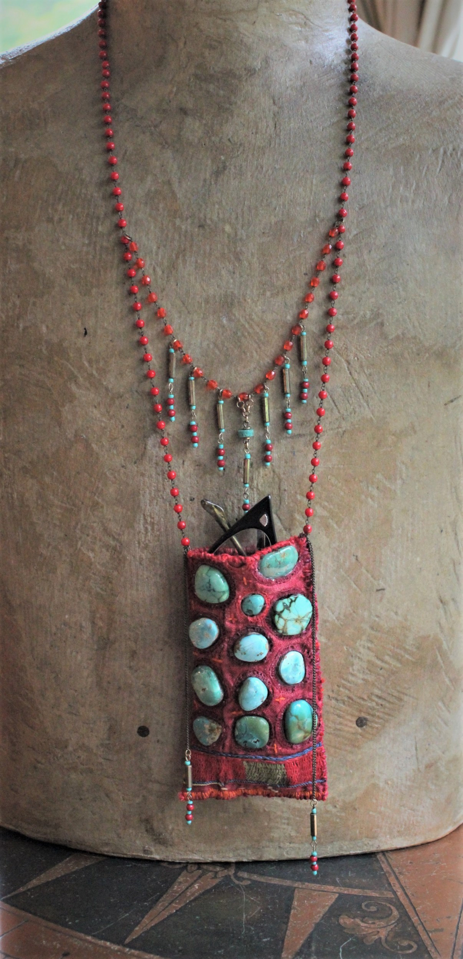 SOLD to M Antique Textile Eyeglass Pouch Necklace with Turquoise Cabochons, Antique Beaded Chain, Vintage Faceted Metal Bugle Beads & Seed Beads, and Hand Wrought Clasp