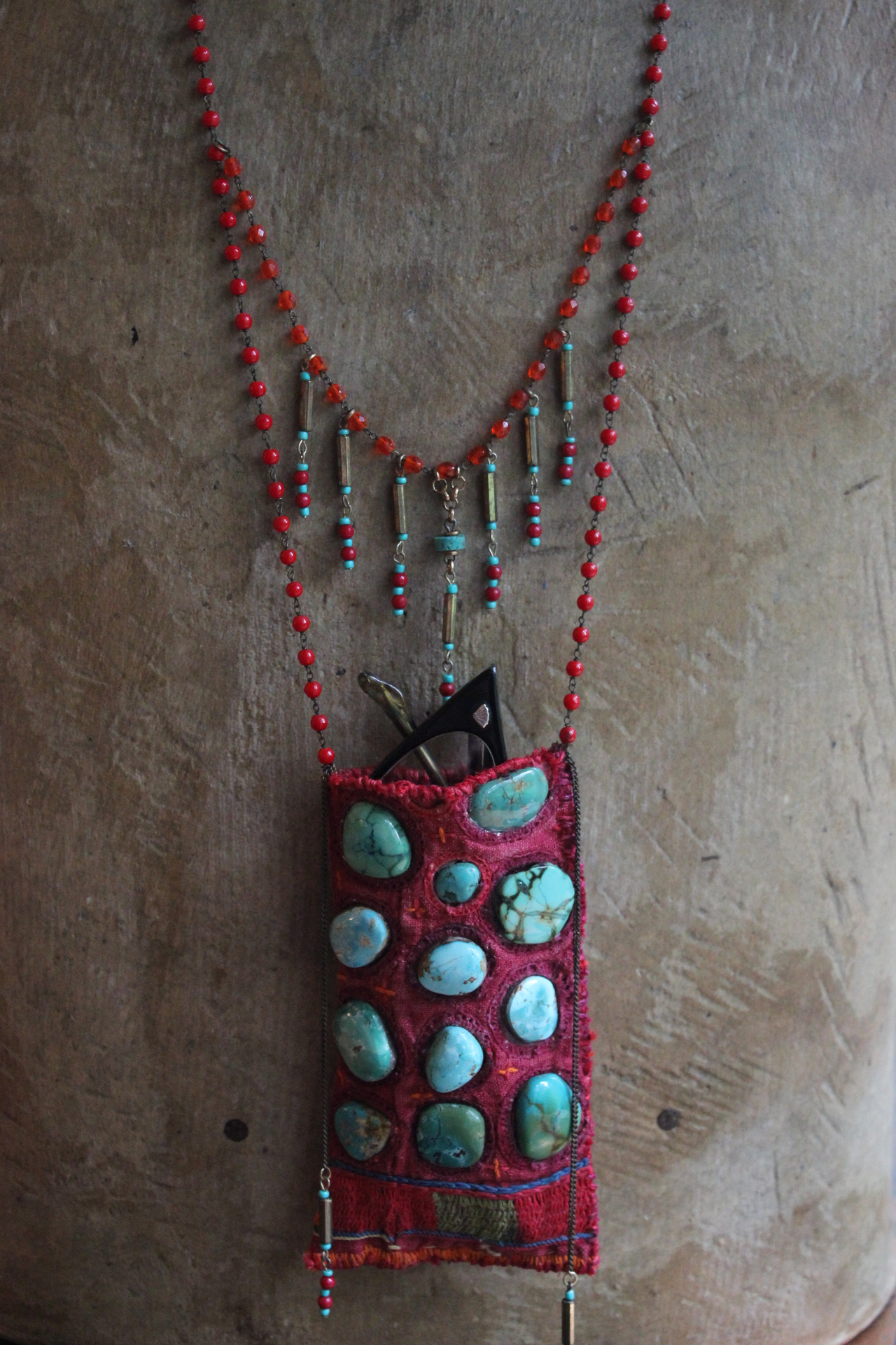 SOLD to M Antique Textile Eyeglass Pouch Necklace with Turquoise Cabochons, Antique Beaded Chain, Vintage Faceted Metal Bugle Beads & Seed Beads, and Hand Wrought Clasp