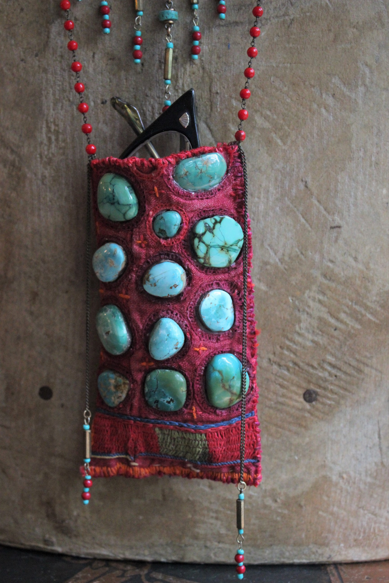 SOLD to M Antique Textile Eyeglass Pouch Necklace with Turquoise Cabochons, Antique Beaded Chain, Vintage Faceted Metal Bugle Beads & Seed Beads, and Hand Wrought Clasp