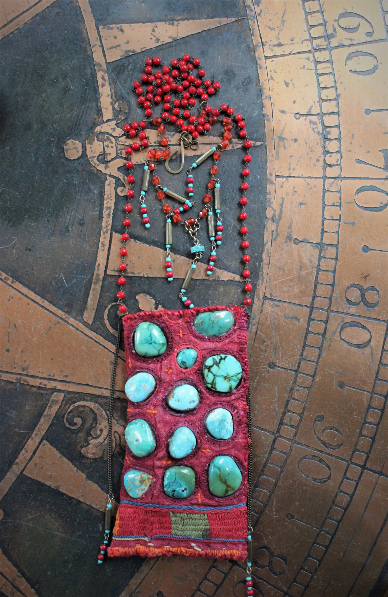 SOLD to M Antique Textile Eyeglass Pouch Necklace with Turquoise Cabochons, Antique Beaded Chain, Vintage Faceted Metal Bugle Beads & Seed Beads, and Hand Wrought Clasp