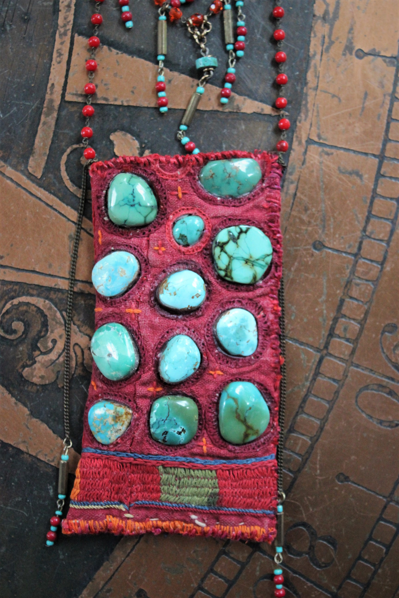SOLD to M Antique Textile Eyeglass Pouch Necklace with Turquoise Cabochons, Antique Beaded Chain, Vintage Faceted Metal Bugle Beads & Seed Beads, and Hand Wrought Clasp