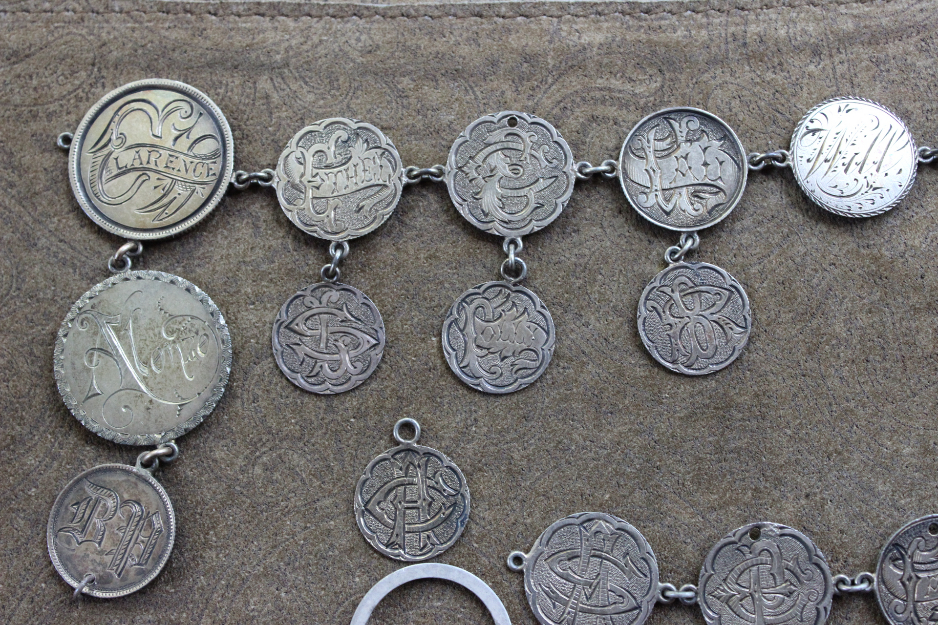 Amazing Antique Love Token Collection with 29 Engraved Tokens, One Engraved Connector and Sterling Links