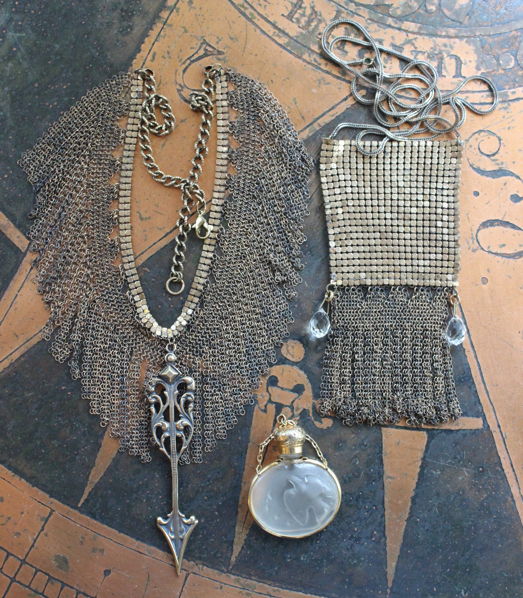 Determined to Rise Necklace Set with Antique Mesh & Chain,Bronze Arrow, Mesh Pouch, Lalique EO/Perfume Vessel,Antique Faceted Rock Crystal Tear Drops