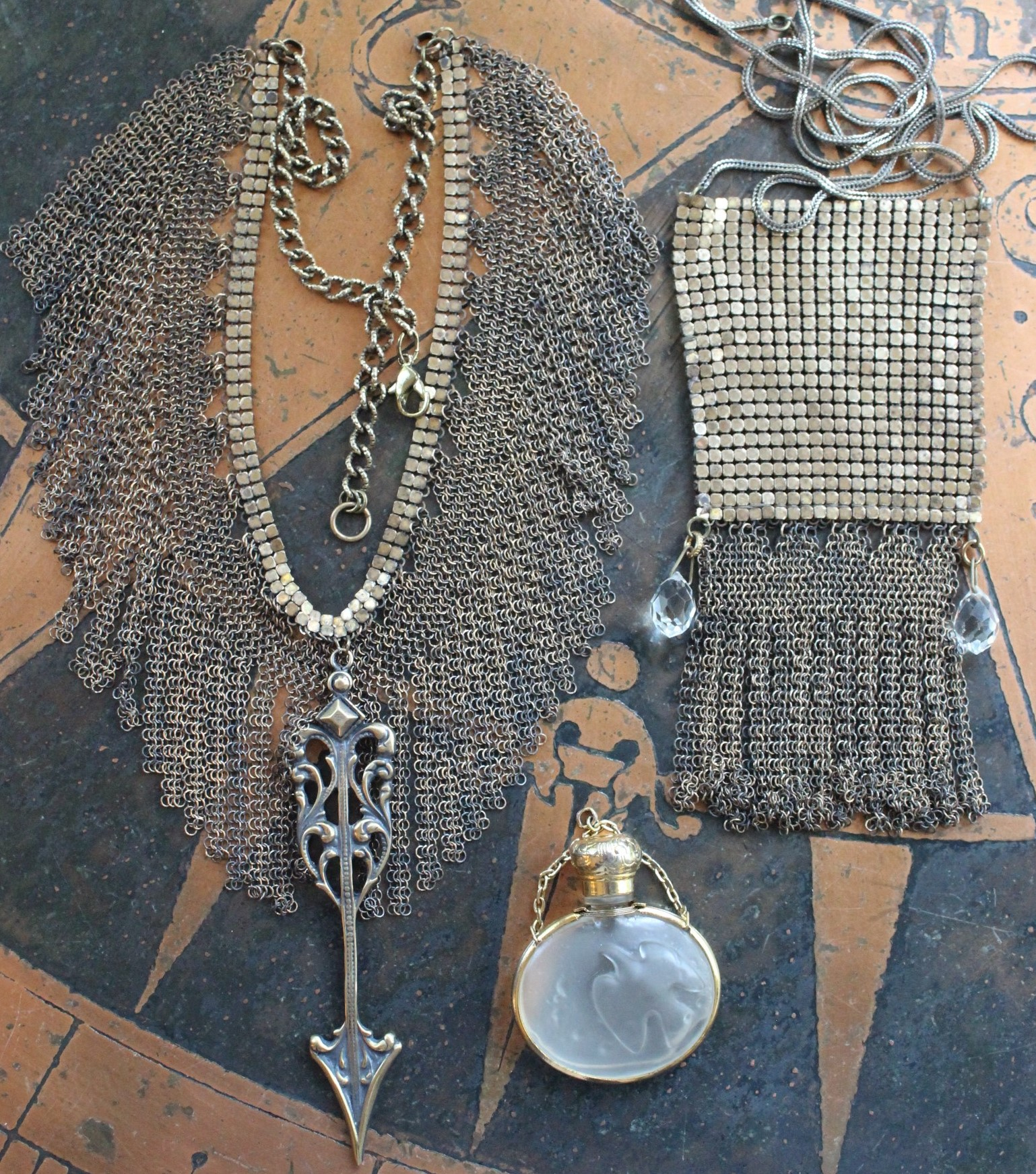 Determined to Rise Necklace Set with Antique Mesh & Chain,Bronze Arrow, Mesh Pouch, Lalique EO/Perfume Vessel,Antique Faceted Rock Crystal Tear Drops