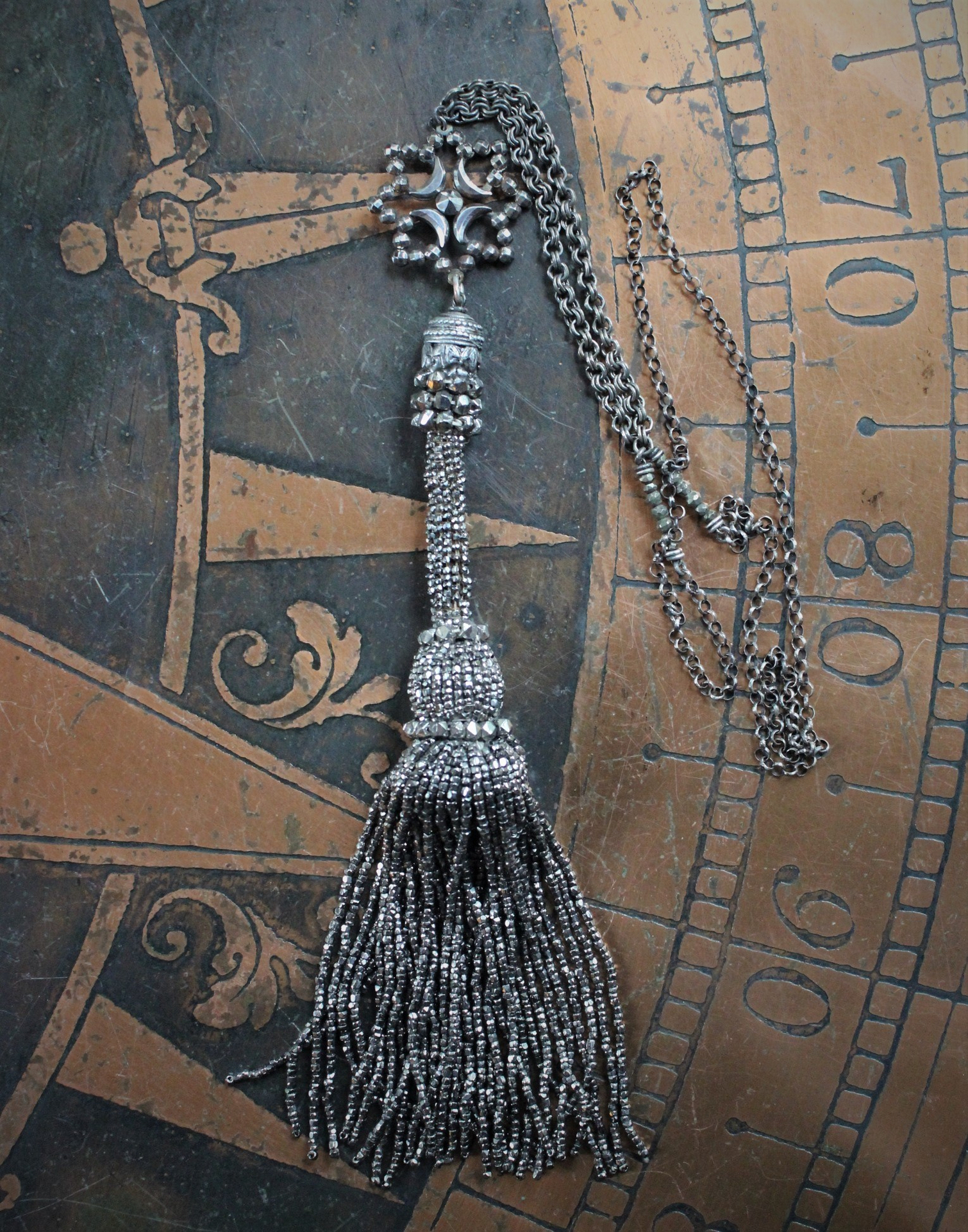 In my Soul Necklace with Amazing Antique Cut Steel Tassel,Antique Crescent Moon Cut Steel Connector,Sterling Chain & Rare Antique Cut Steel Beads