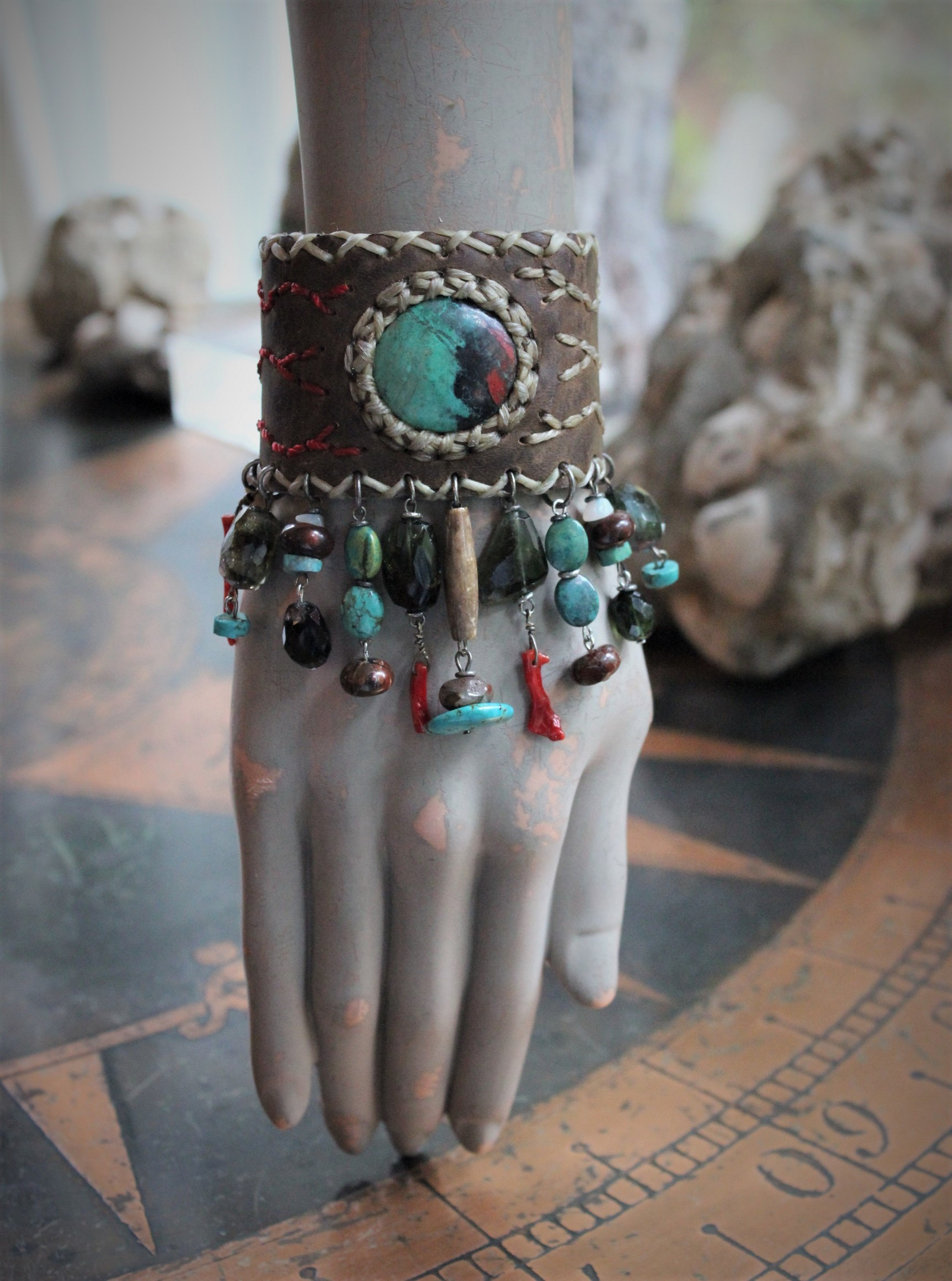 The Healing Cuff with Polished Chrysocolla Cabochon, Artisan Leather Cuff, Multiple Faceted Green Tourmaline Gemstones, Turquoise, Red Coral & More!