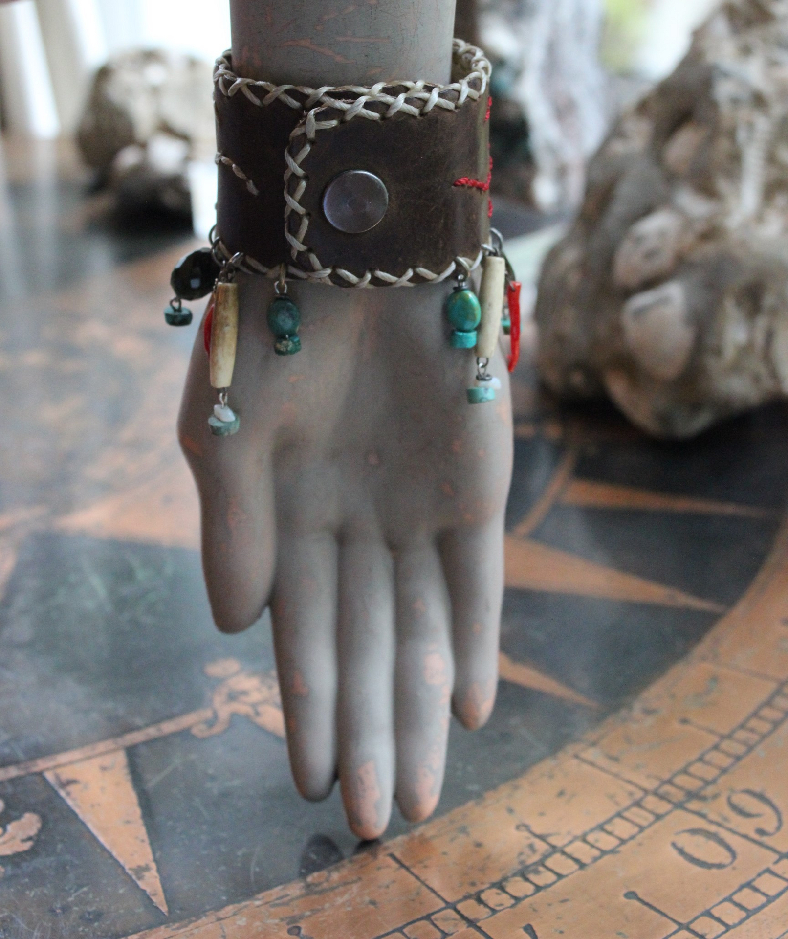 The Healing Cuff with Polished Chrysocolla Cabochon, Artisan Leather Cuff, Multiple Faceted Green Tourmaline Gemstones, Turquoise, Red Coral & More!