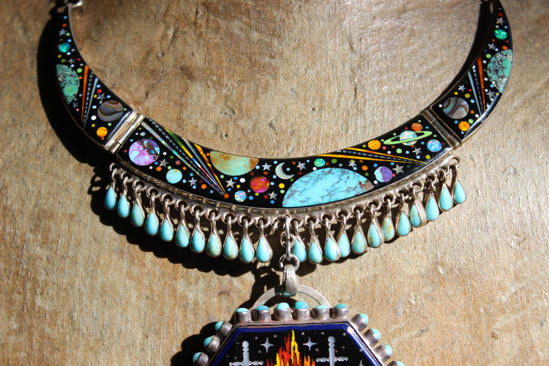 This One Truth Necklace with AMAZING Sterling Gemstone Inlay Pendant & Necklace with God's Eye, Planets, Moons & Stars