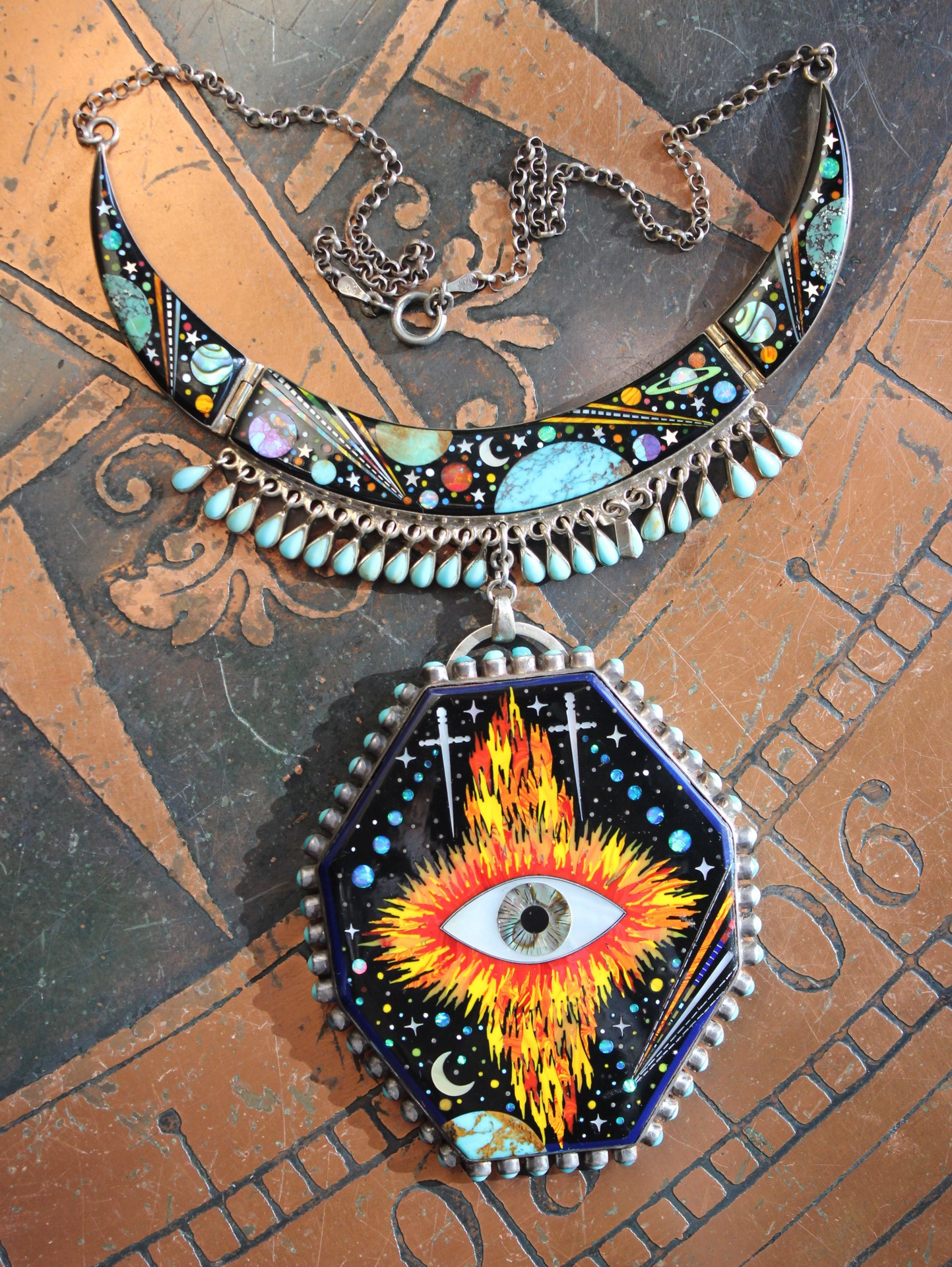 This One Truth Necklace with AMAZING Sterling Gemstone Inlay Pendant & Necklace with God's Eye, Planets, Moons & Stars