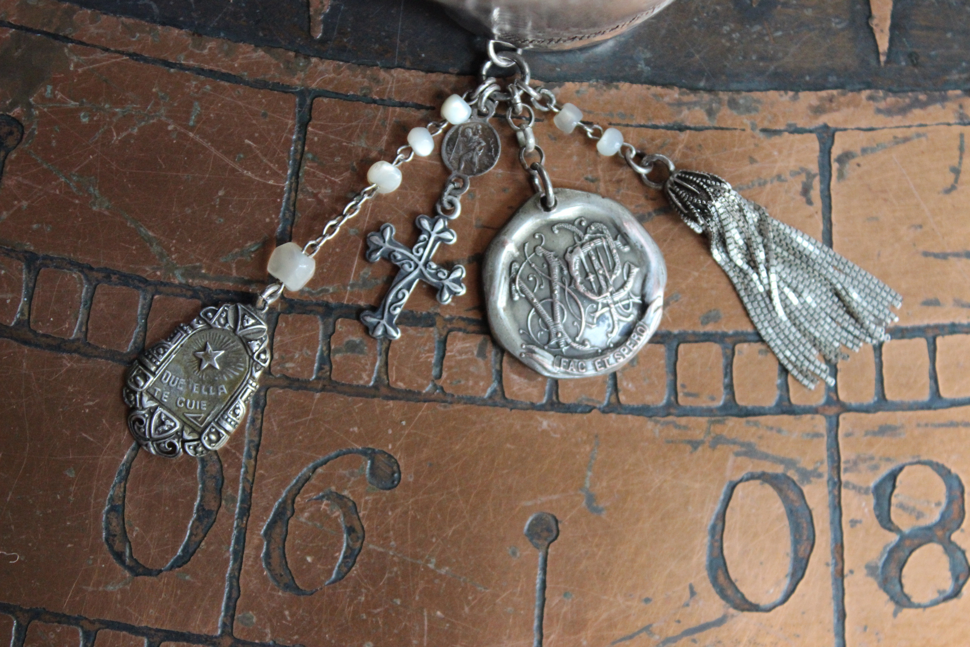 Antique Wide Sterling Engraved & Hammered Cuff Bracelet & Earring Set with Antique Medals,Sterling Tassel,Antique Sterling Cross