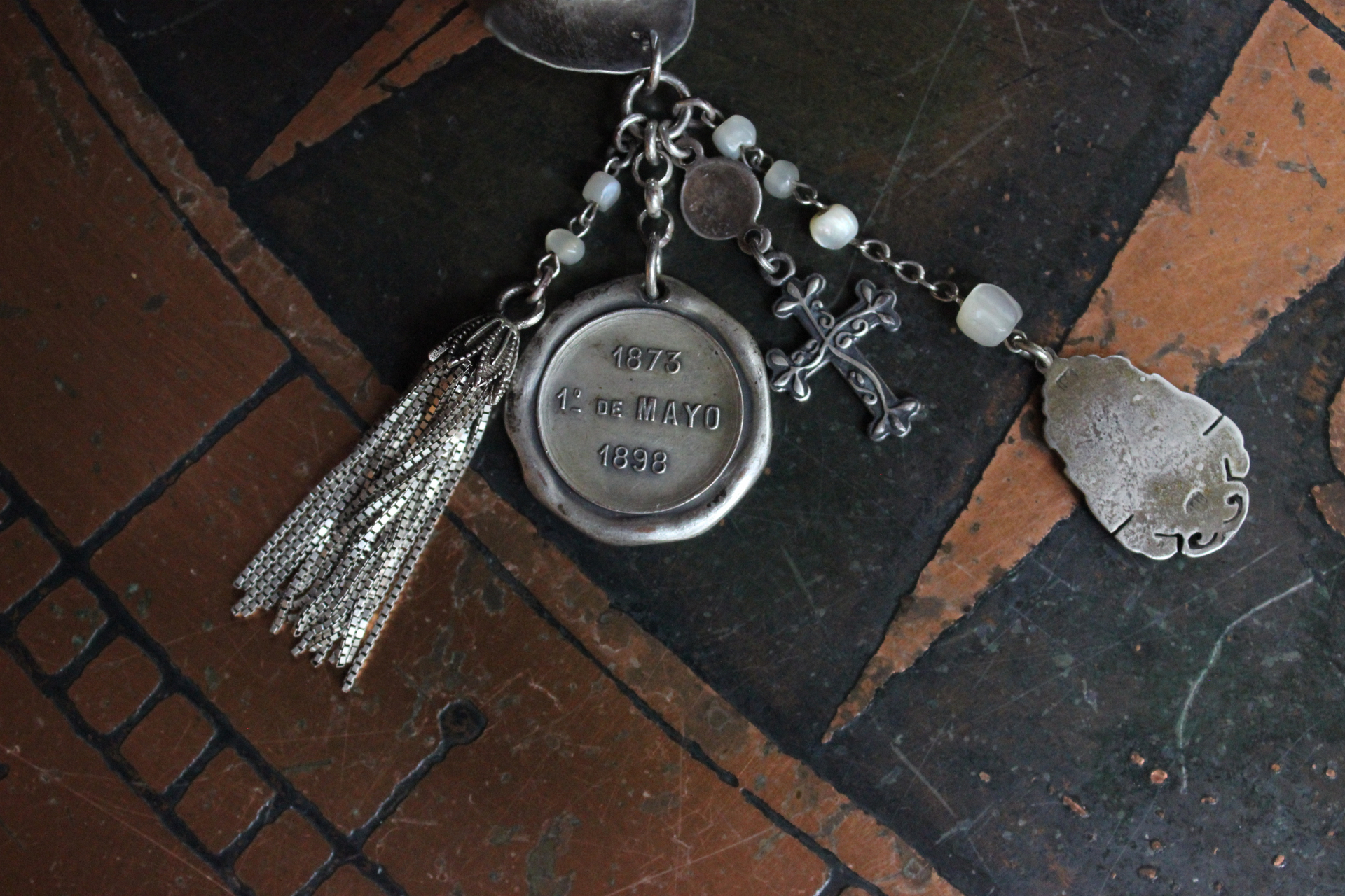 Antique Wide Sterling Engraved & Hammered Cuff Bracelet & Earring Set with Antique Medals,Sterling Tassel,Antique Sterling Cross