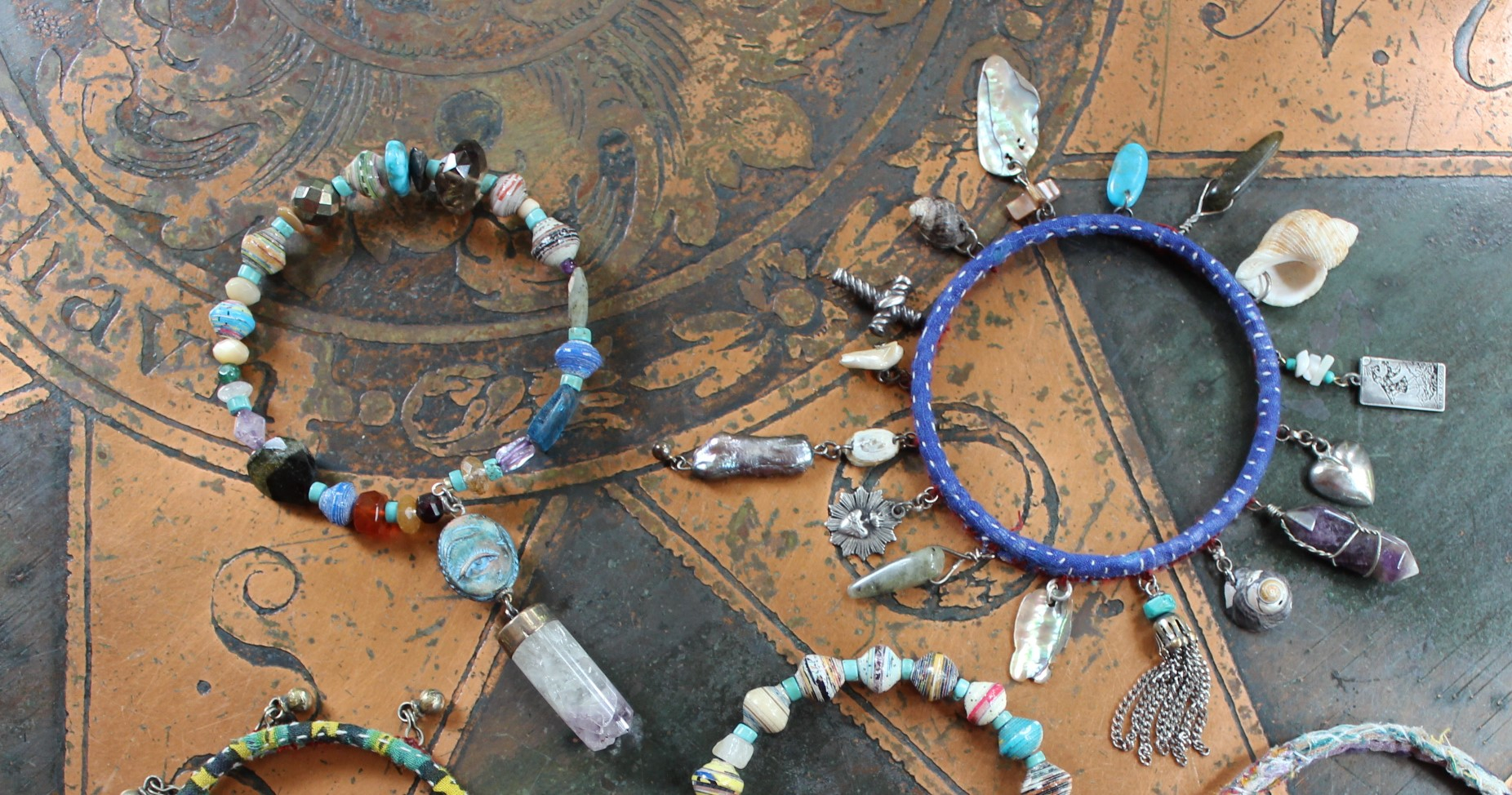 Endless Bounty Bangle Set with Antique Kantha Textile, Multiple Faceted Gemstones & Turquoise, Unique Dangles and Drops!