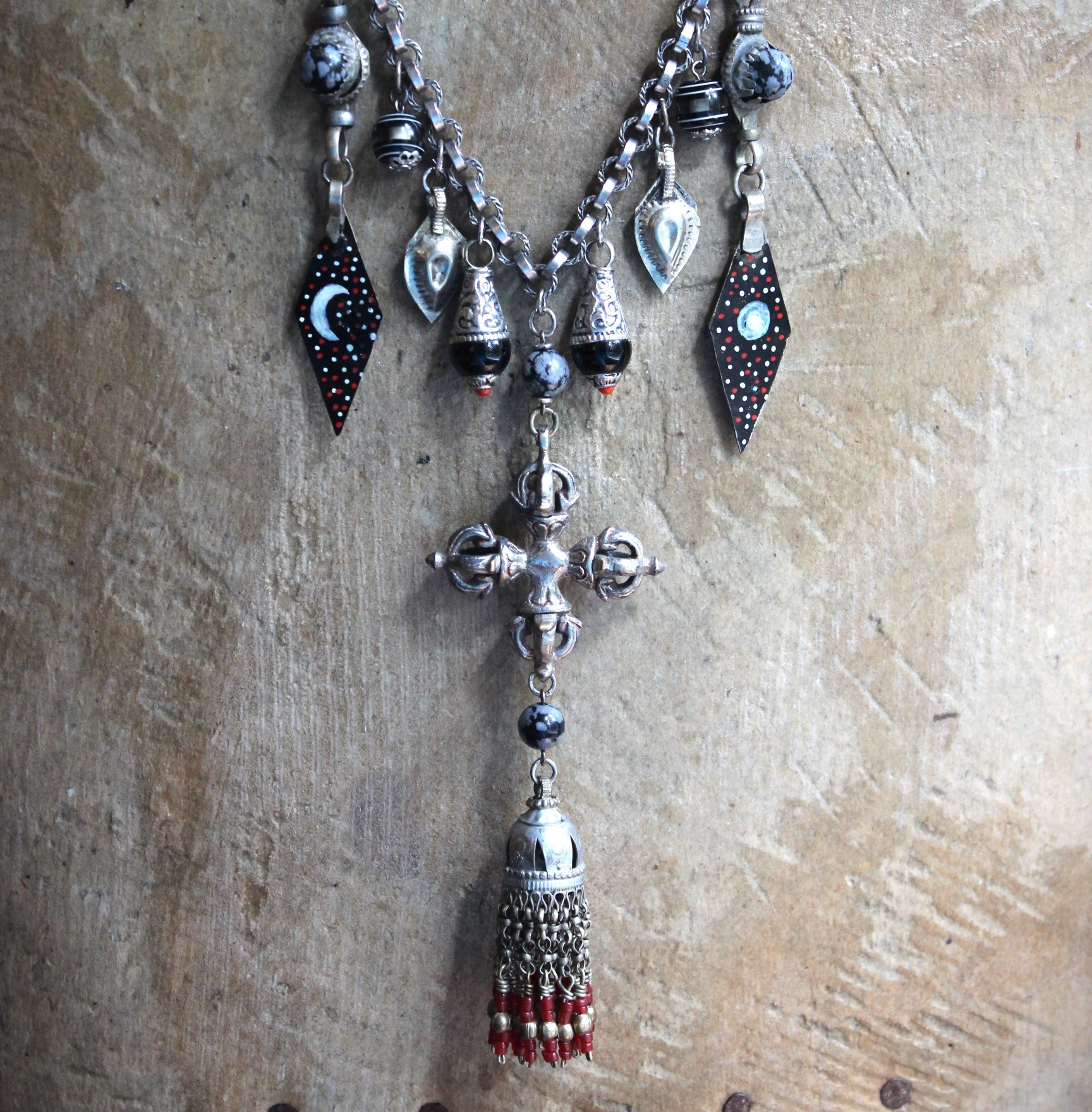 The Power of Enlightenment Necklace with Silver Double Vajra, Antique Kuchi Tassel and Findings, Painted Moon & Stars Drops and Leather Ties