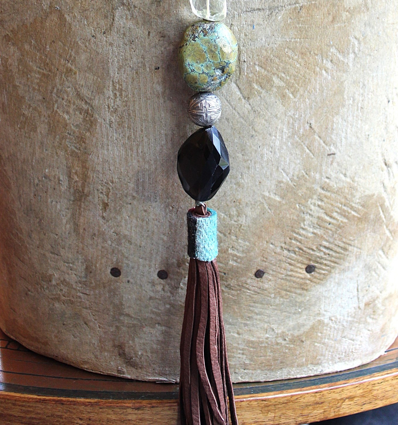 The Grounding Necklace with Faceted Smoky Quartz, Lemon Quartz ,Lone Mountain Turquoise,Rare Antique Engraved Silver Beads,Antique Serape Fragment