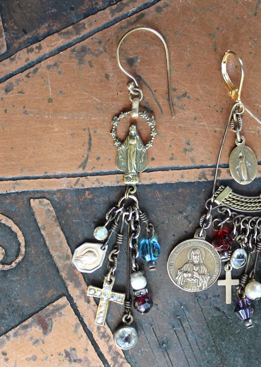 NEW! Asymmetrical Earrings with Antique French Rosary Connector & Medals, Multiple Faceted Bead Dangles,Antique Faceted Crystals and Crosses