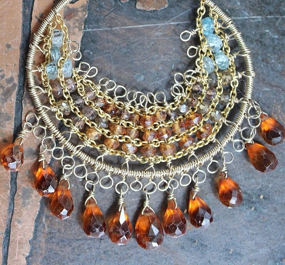 NEW! Intricate14K Gold Wire and Post Earrings with Rare Faceted Spessartine Garnet Tear Drops, Faceted Aquamarine and Smoky Topaz
