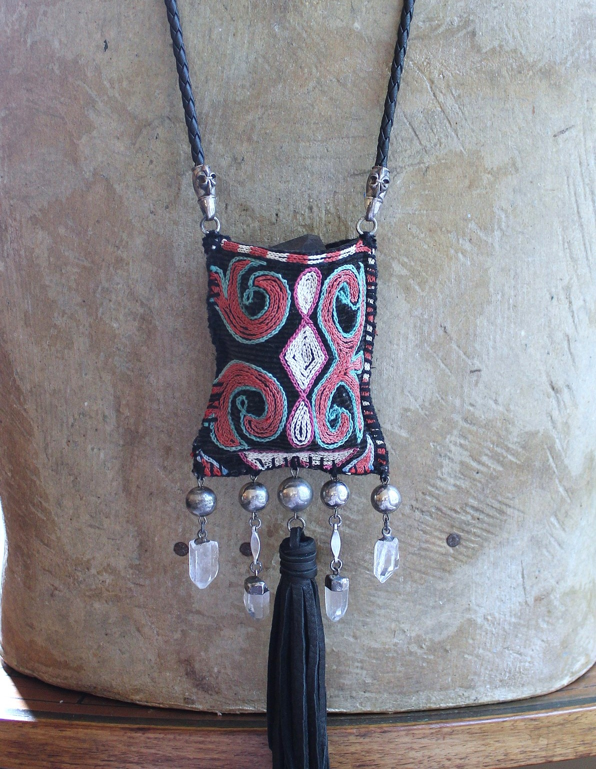 Antique Embroidered Textile Pouch Necklace with One of a Kind Clear Rock Quartz Stone,Antique Sterling Beads,Silver Capped Clear Quartz Points